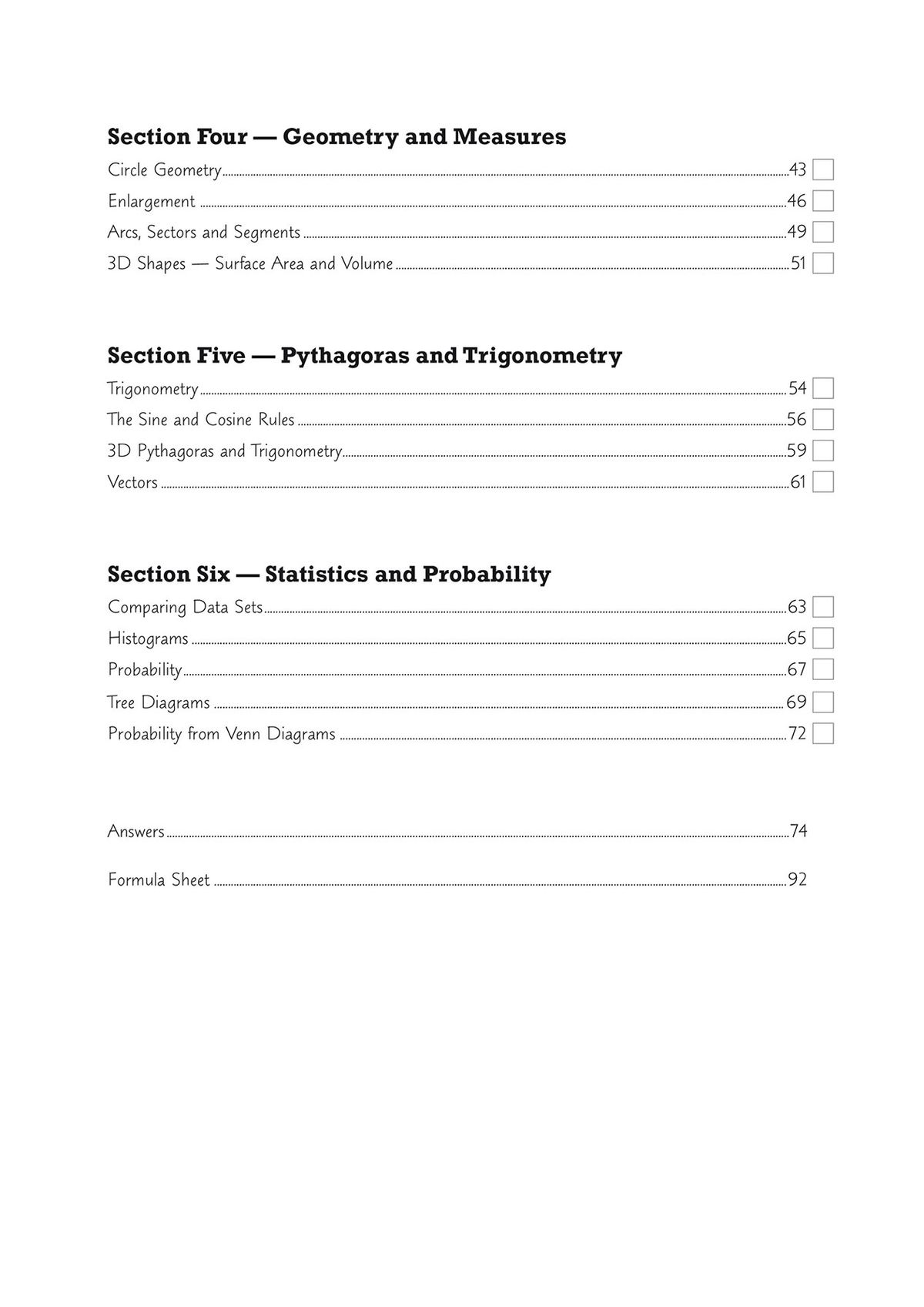 Contents page showing six sections covering algebra, geometry, statistics and trigonometry