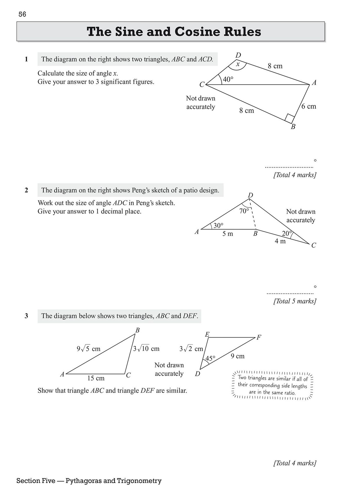 Inside page showing trigonometry questions including sine and cosine rules with diagrams