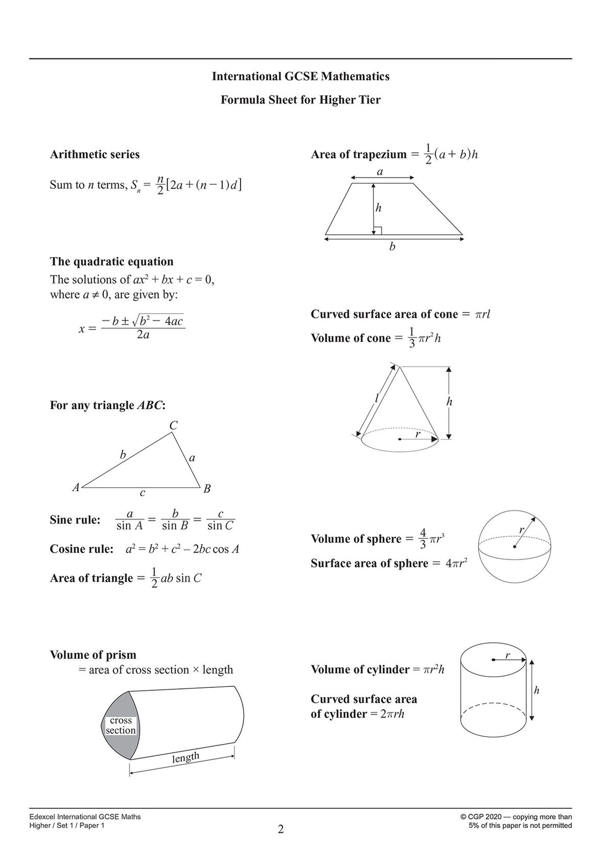 Formula sheet included with the Edexcel International GCSE Maths Higher practice papers