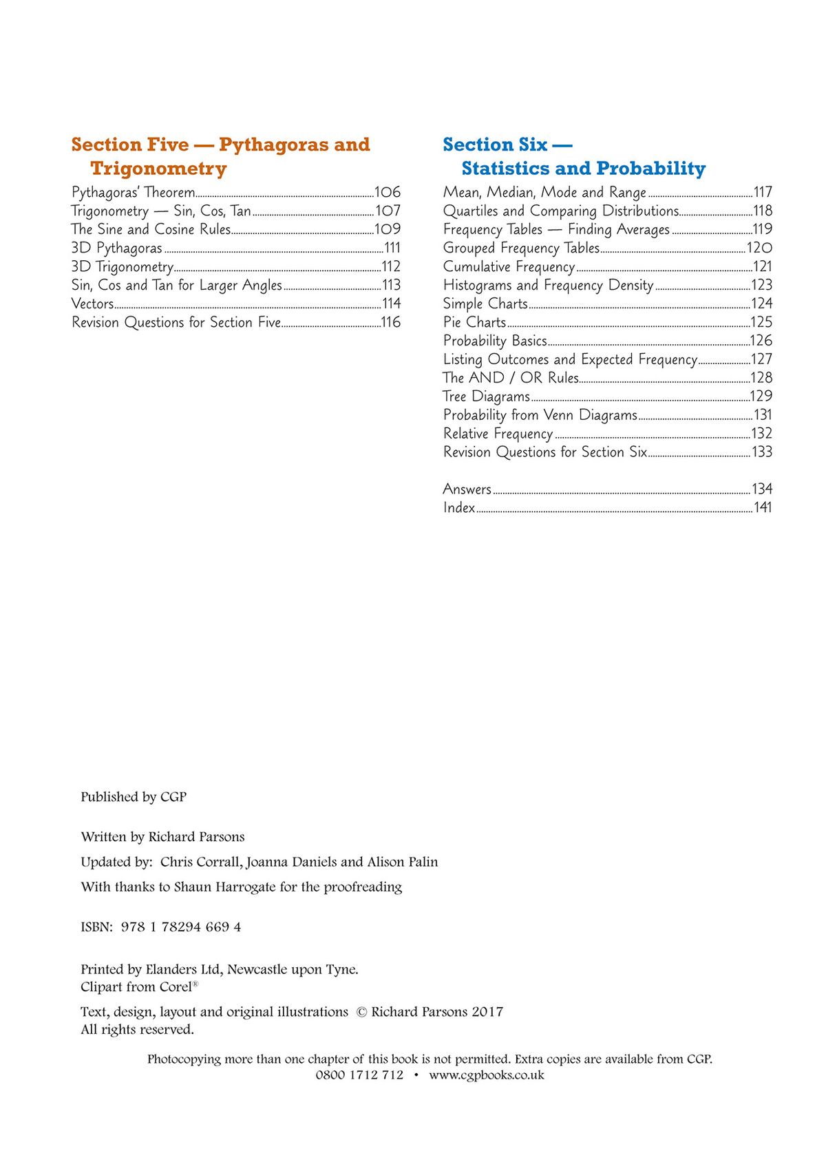 Contents pages listing Pythagoras, trigonometry, statistics and probability topics