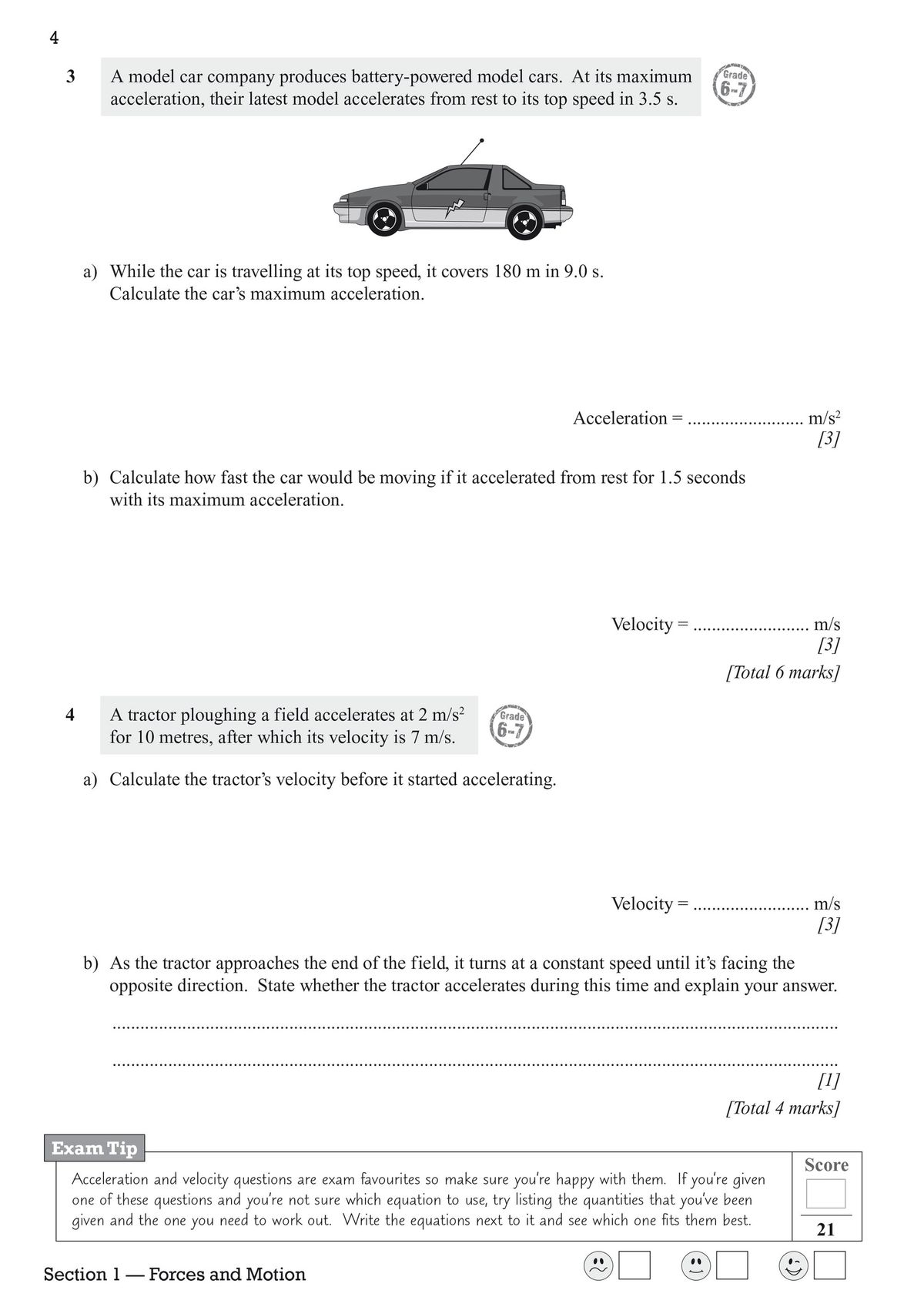 Inside page showing velocity and acceleration questions with worked examples and space for answers