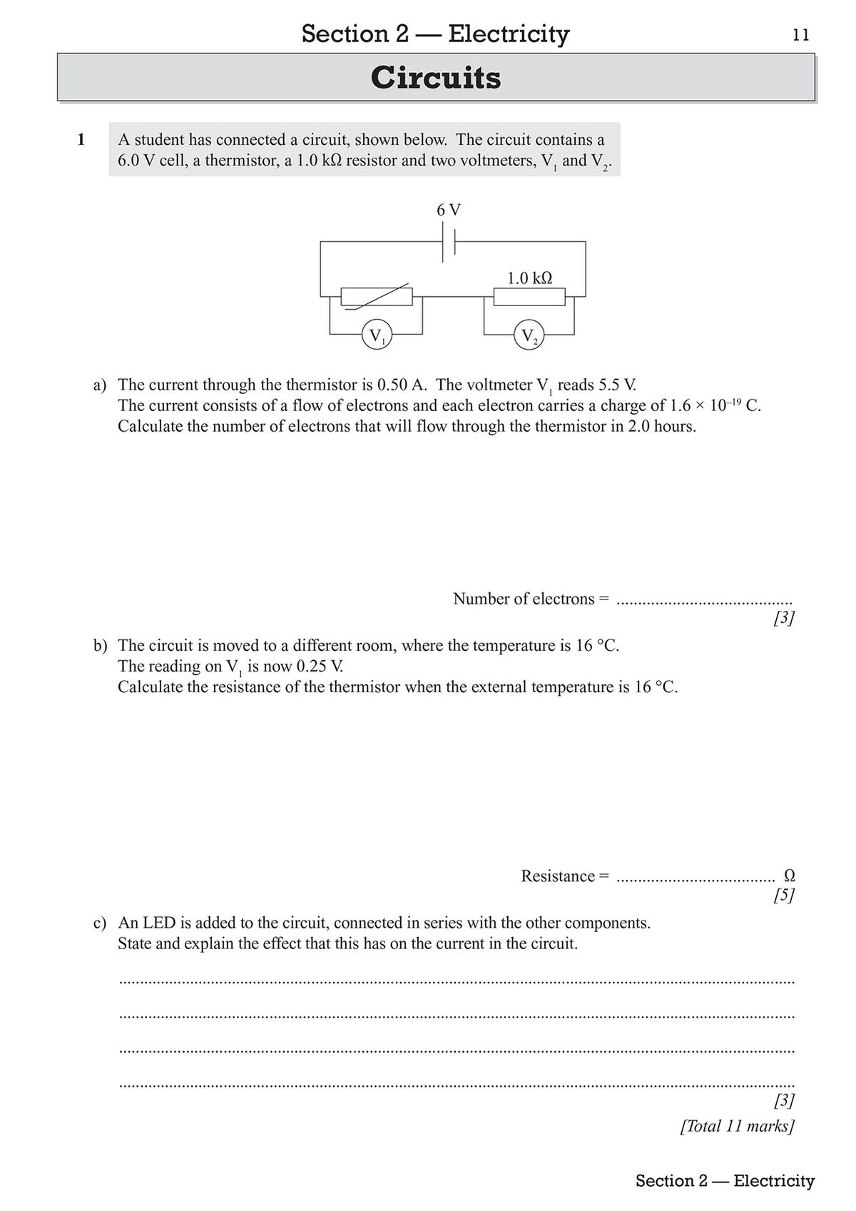 Page from electricity section showing a graph-based resistance question with multiple calculation steps