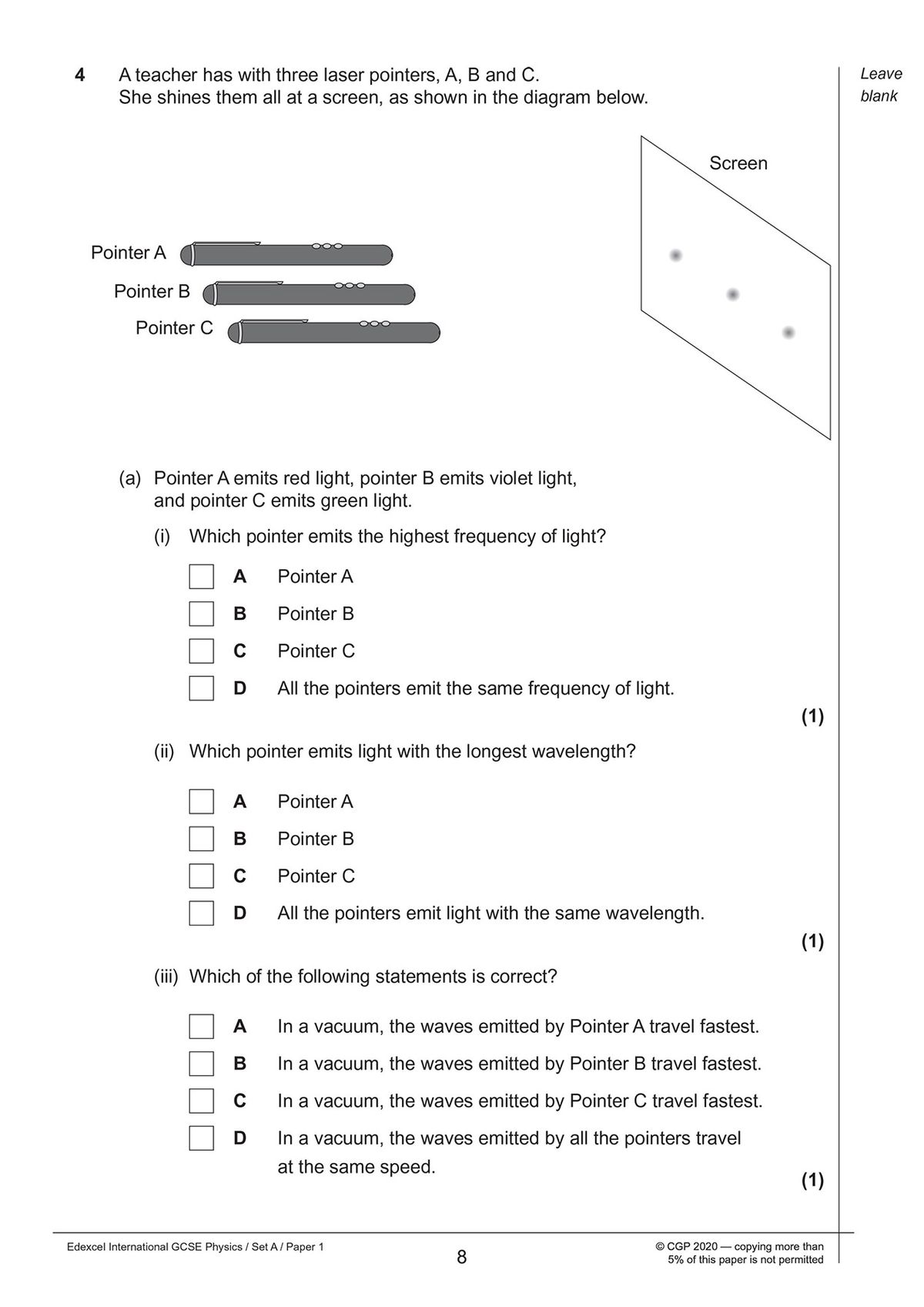 Sample multiple-choice questions on light wavelength and frequency from Edexcel iGCSE Physics