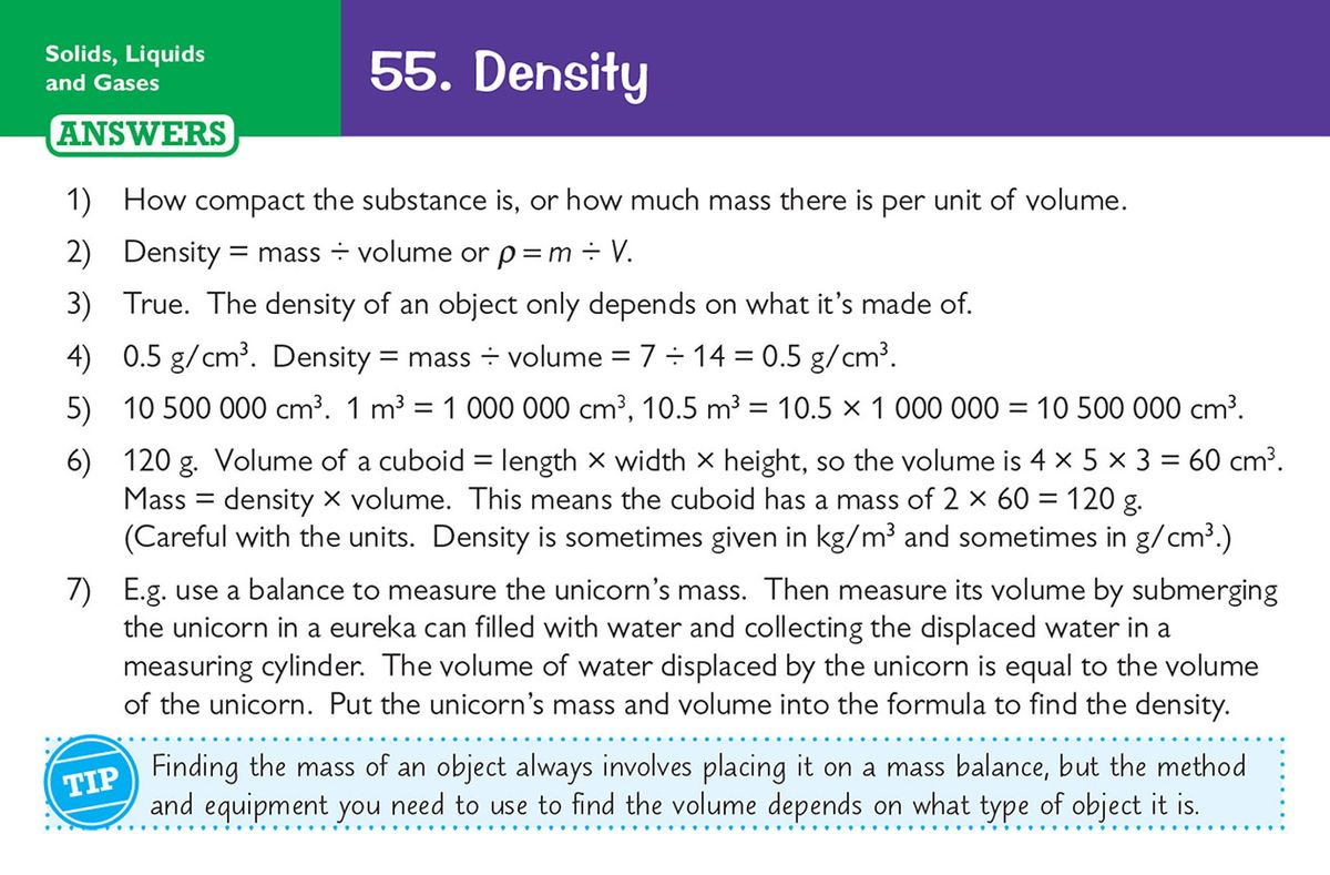 Sample answer card showing worked solutions for density calculations