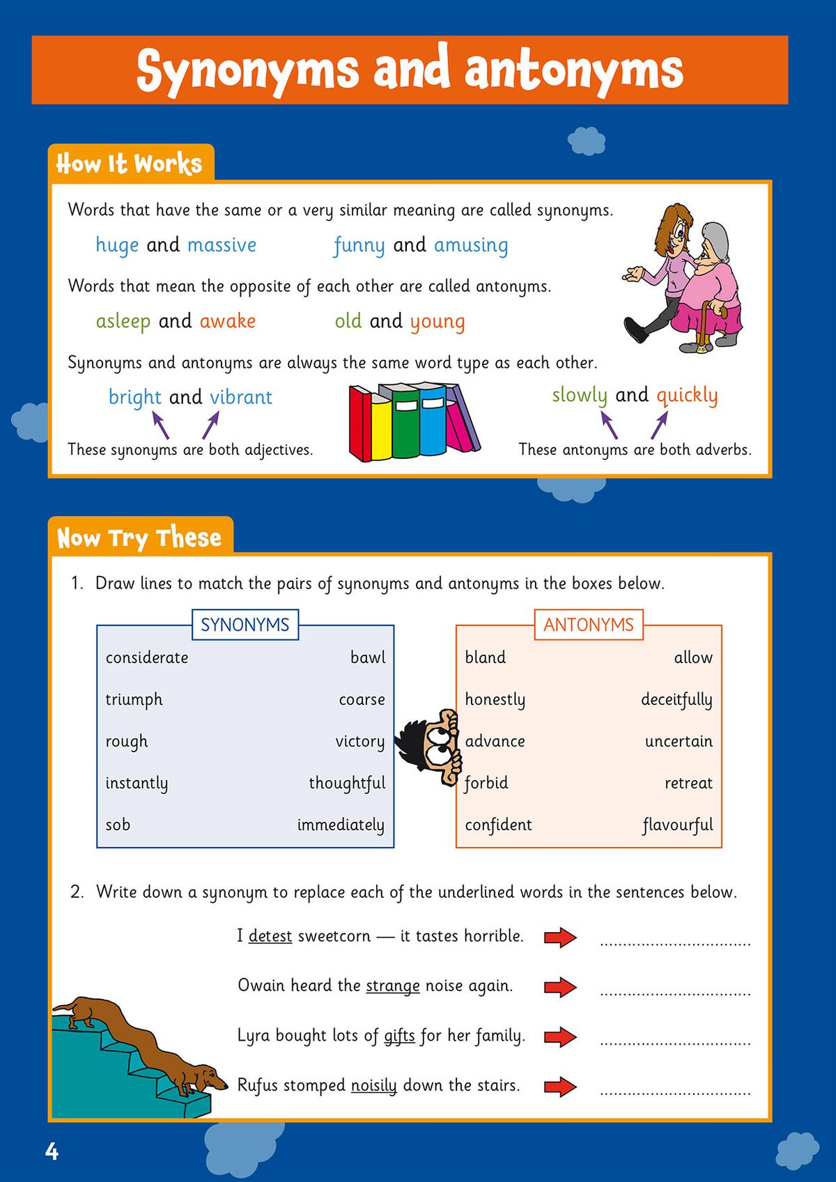 Page showing synonyms and antonyms explanation with matching activities