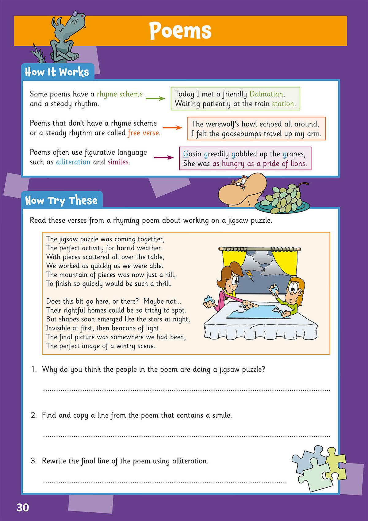 Page featuring poetry comprehension with rhyme scheme and figurative language activities