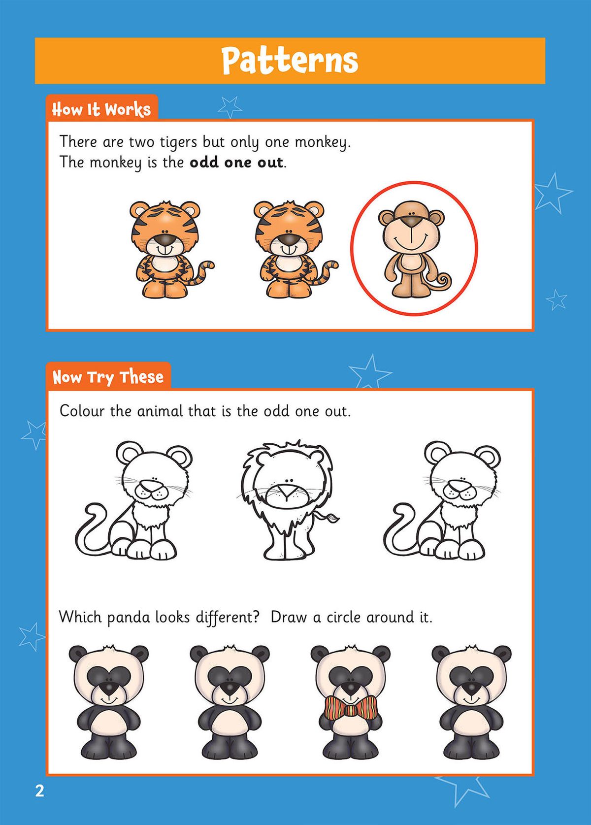 Patterns activity page showing odd-one-out exercises with colourful animals