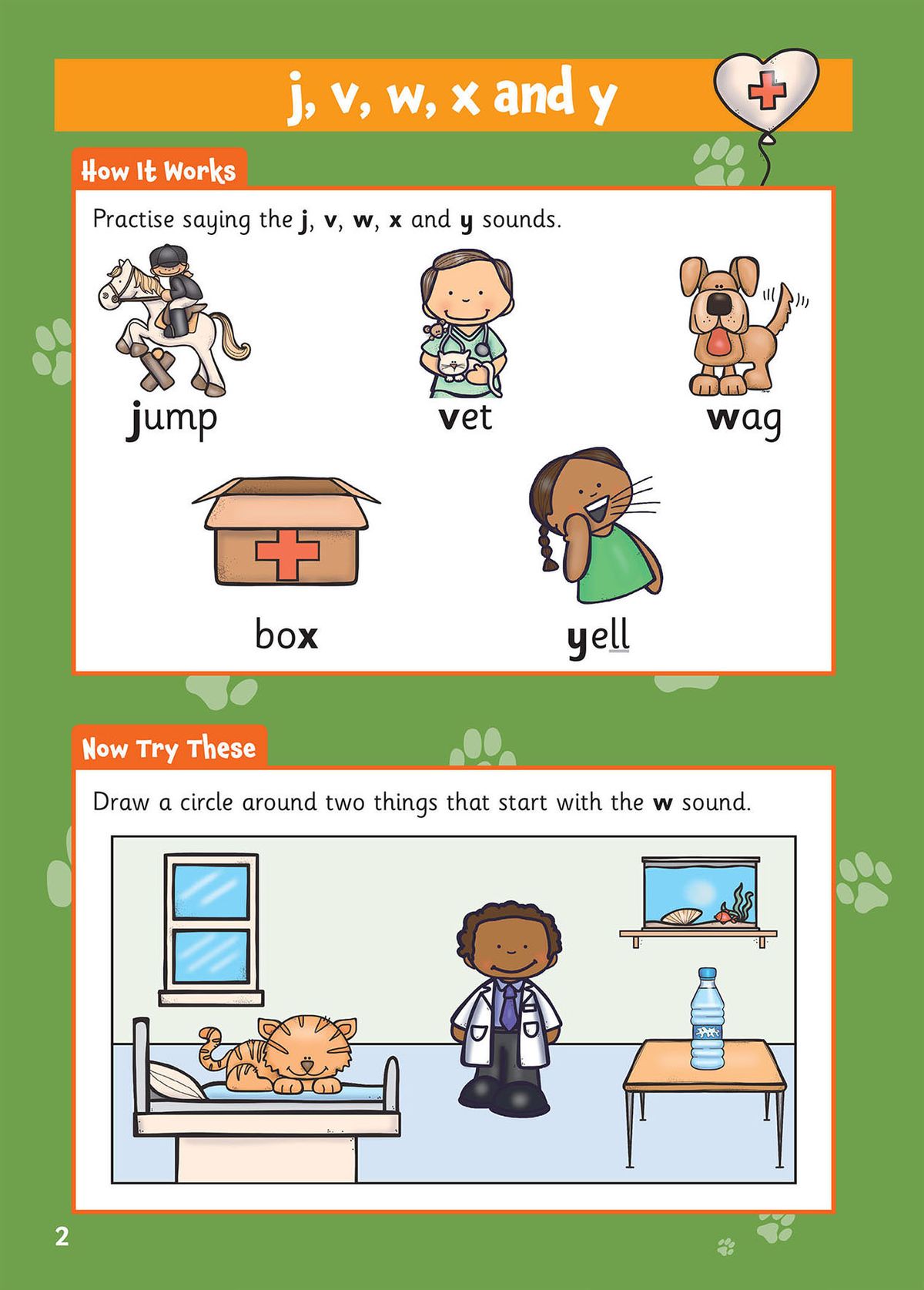 Reading comprehension page with story characters and colouring activity