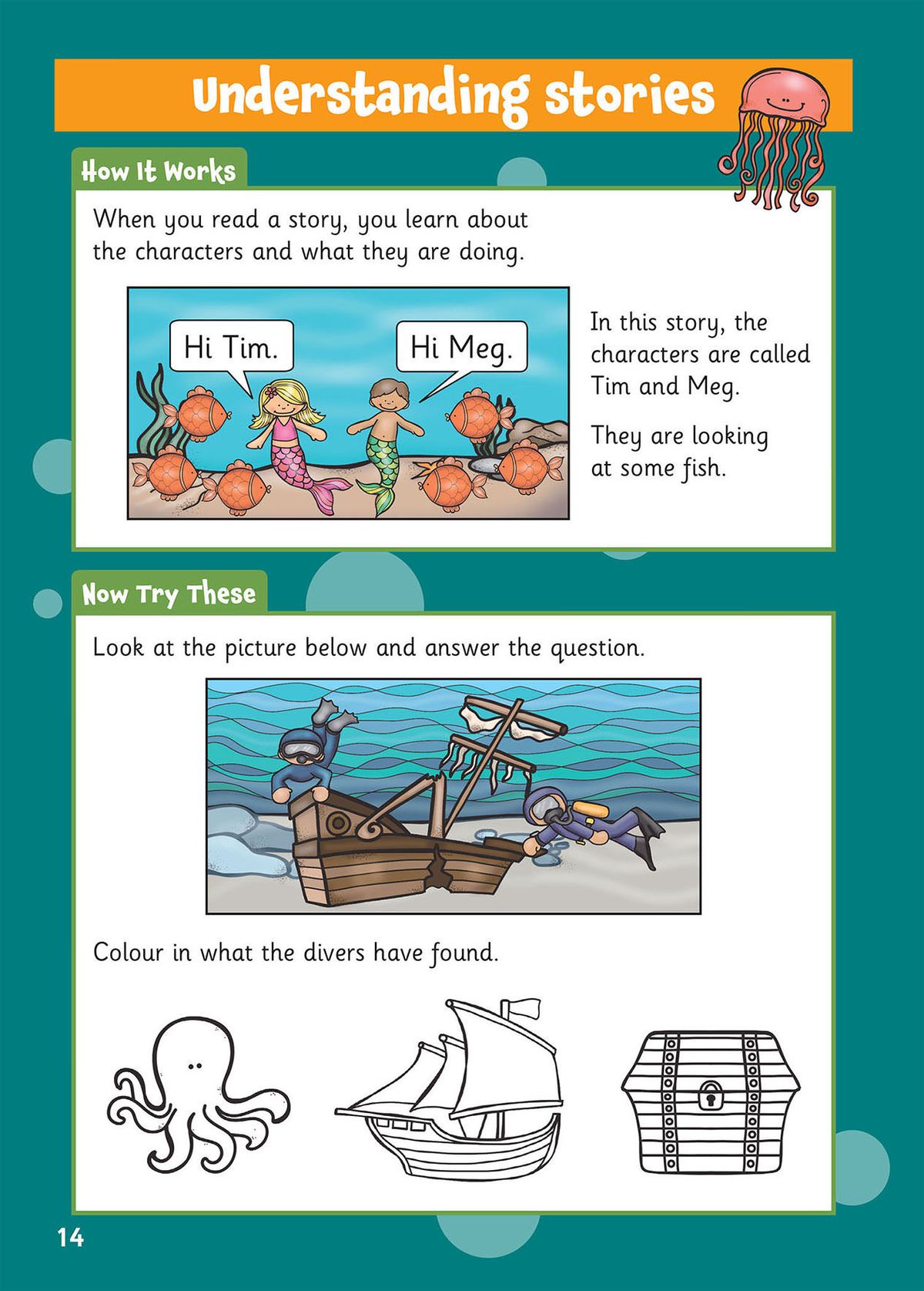 Phonics practice page showing letter sounds with colourful illustrations