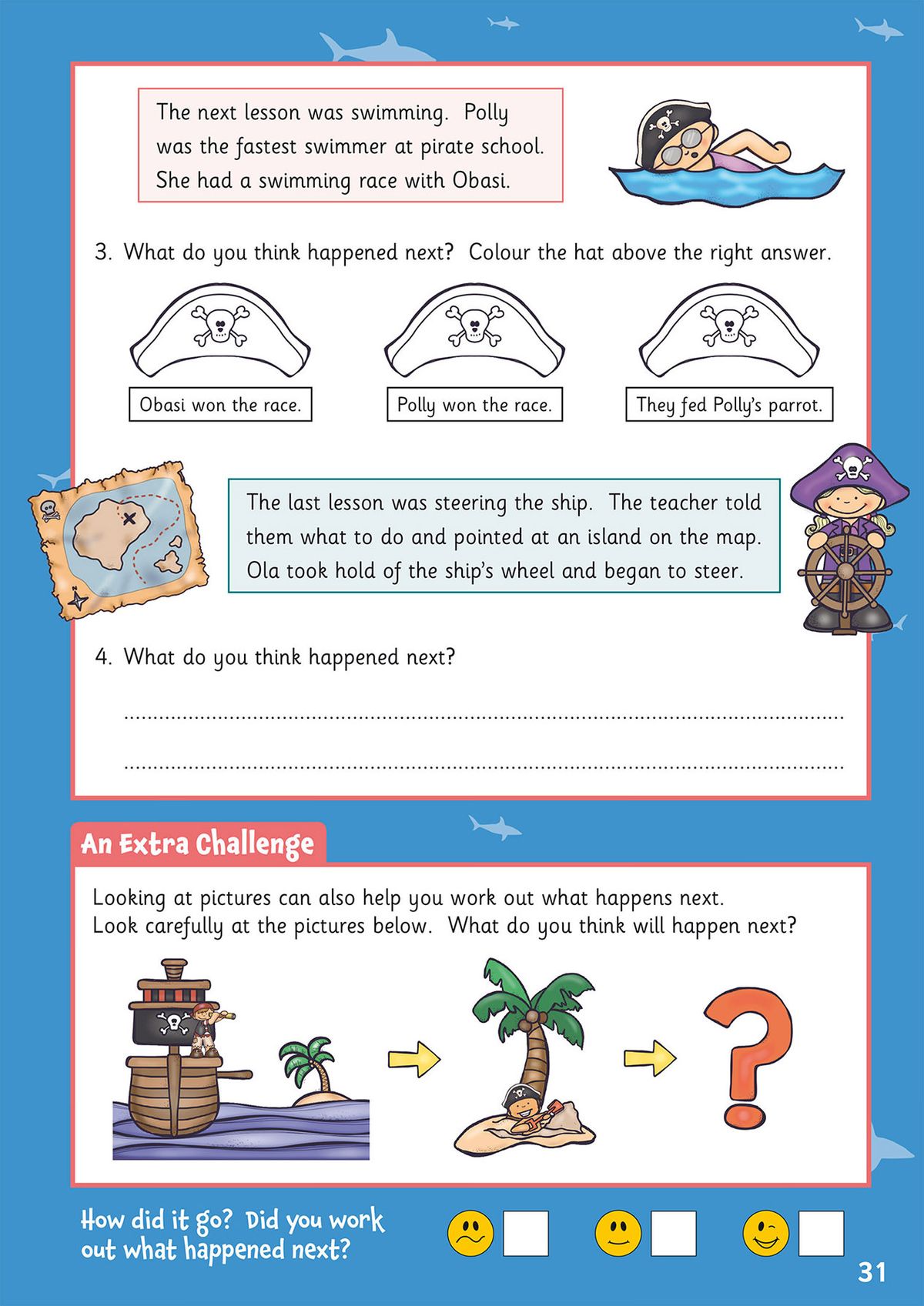 Sample activity pages showing pirate-themed comprehension and grammar exercises