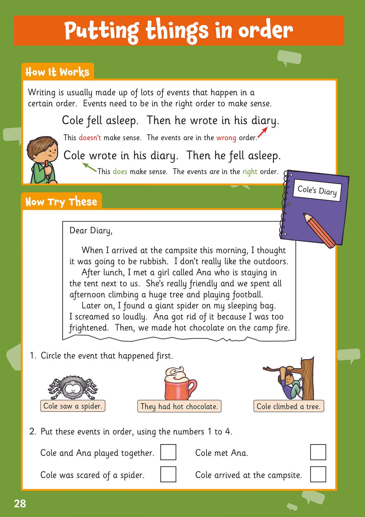 Writing activity page teaching event sequencing with diary entry example