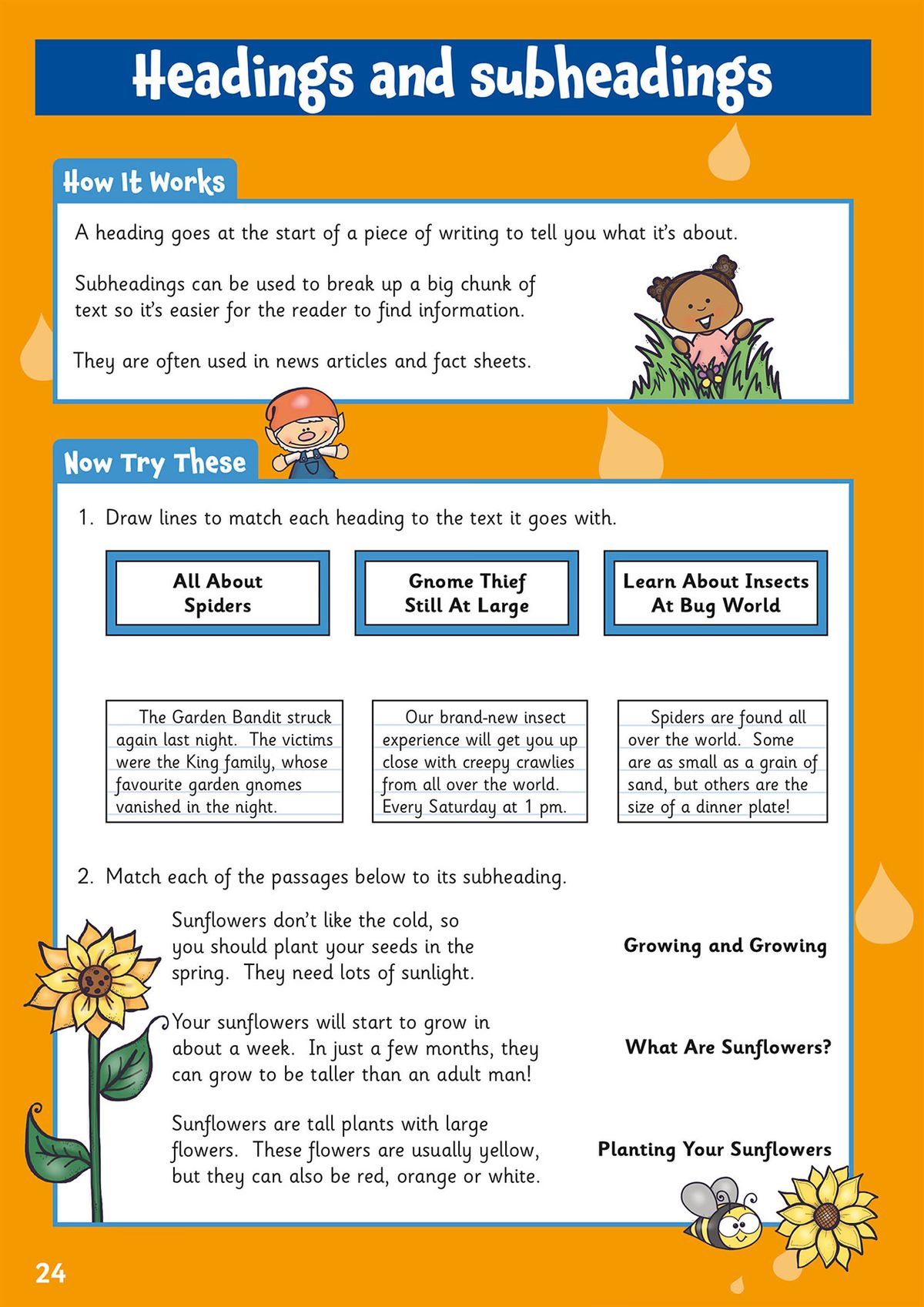 Sample page on headings and subheadings with matching exercises