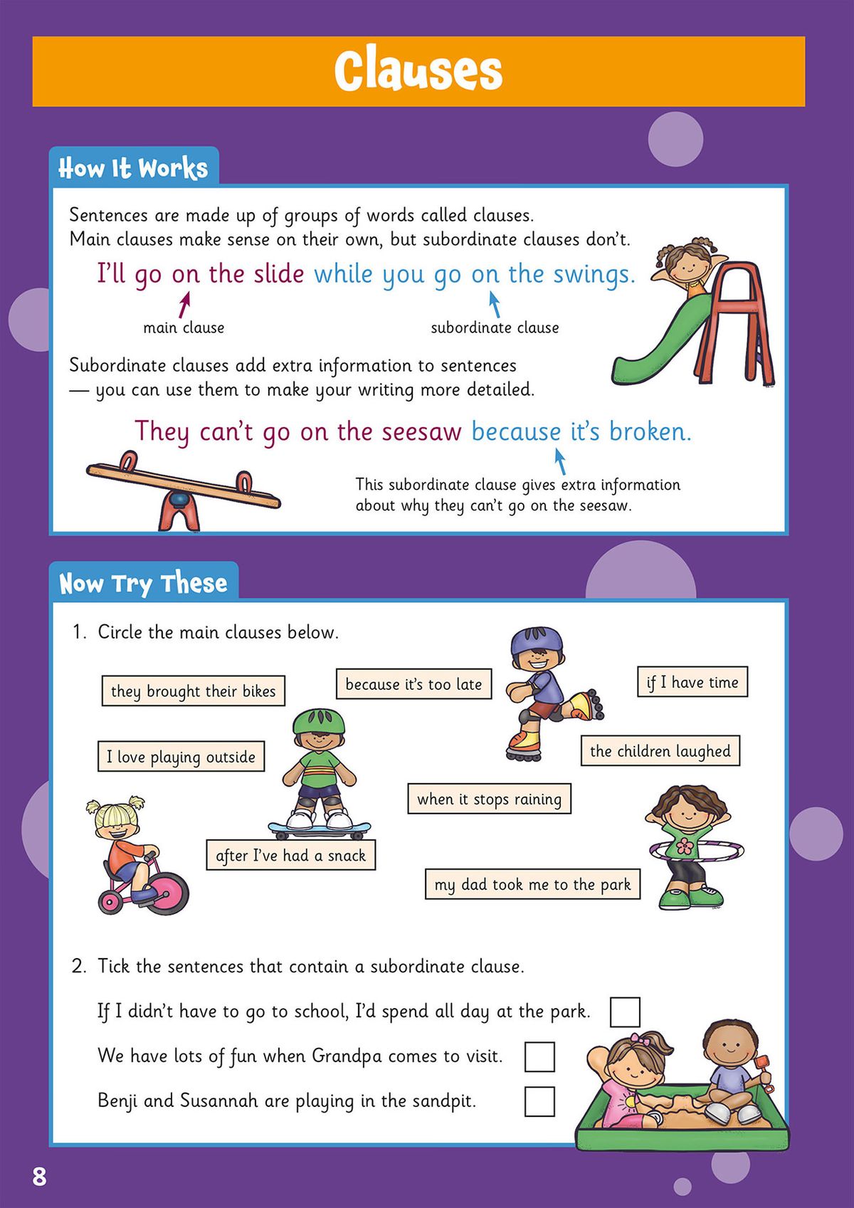 Sample page showing clauses with clear explanations and practice exercises