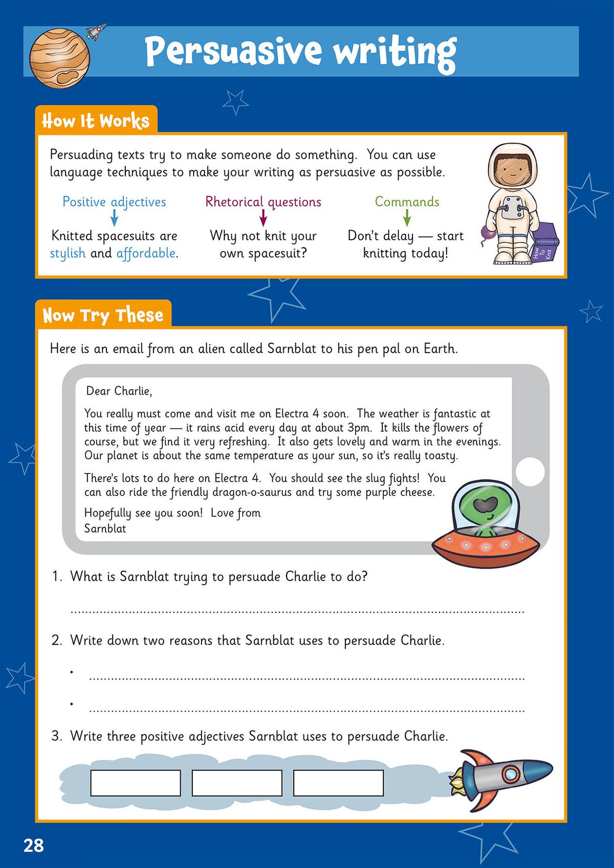 Persuasive writing activity page showing language techniques with alien-themed examples