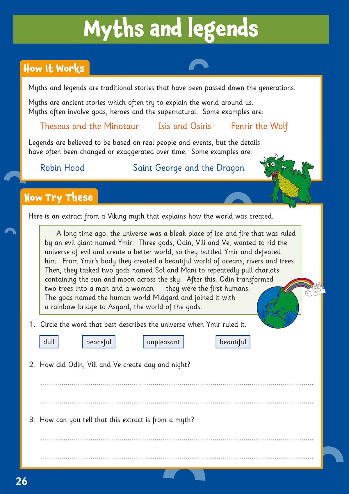 Myths and legends reading comprehension page with Viking creation story extract