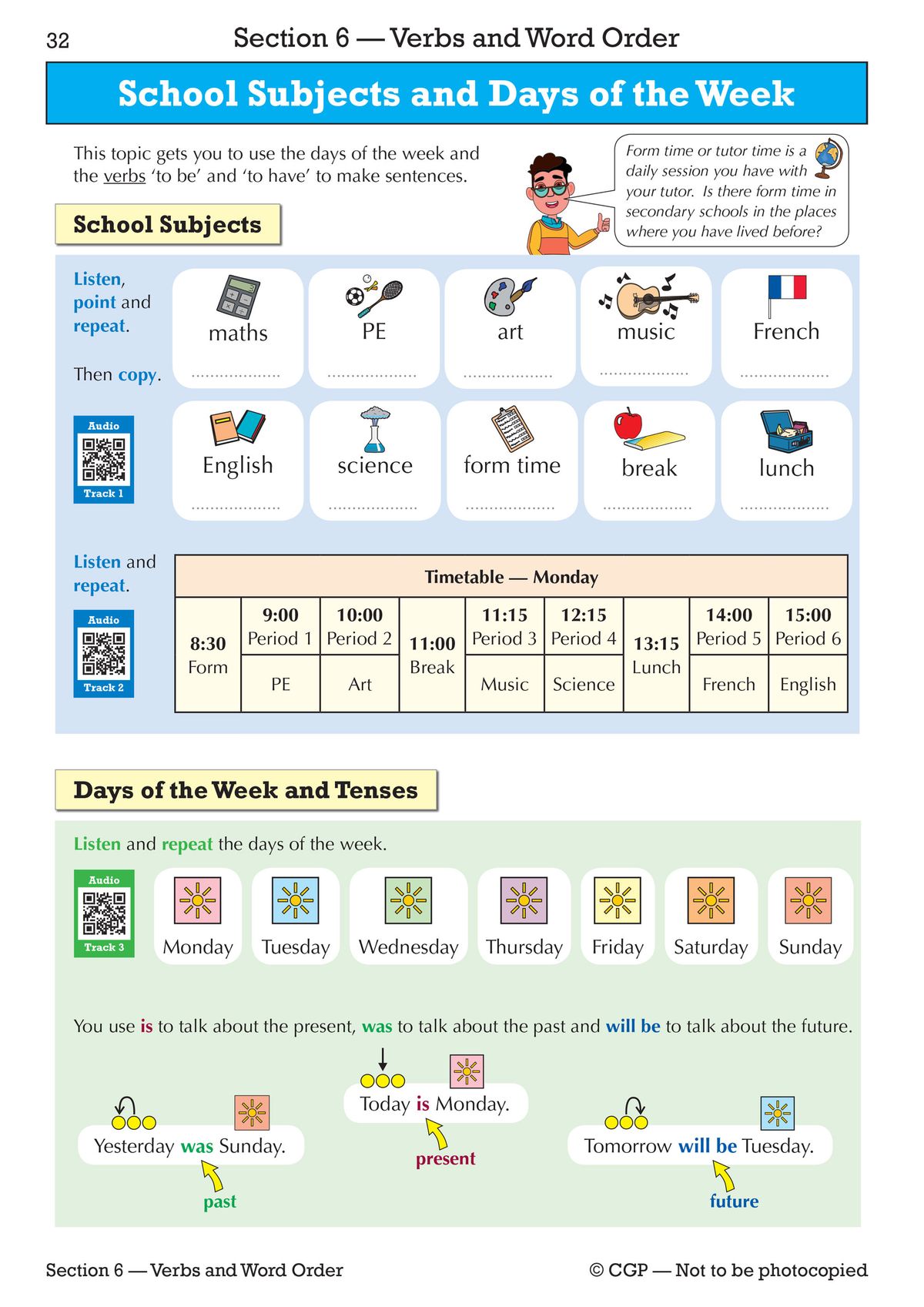 Sample page showing school subjects, days of the week, and verb tenses with visual icons and audio QR codes