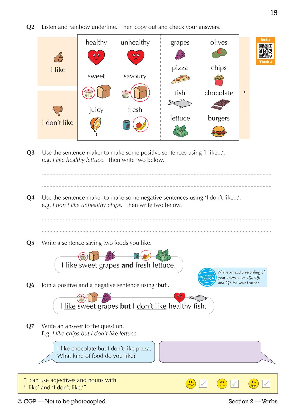 Exercise page featuring vocabulary for food preferences with listen-and-repeat activities and sentence-building tasks