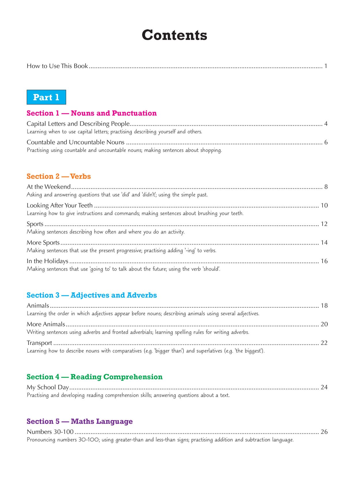 Contents page showing the structure of Part 1 and Part 2 with sections on nouns, verbs, adjectives, reading comprehension and maths language