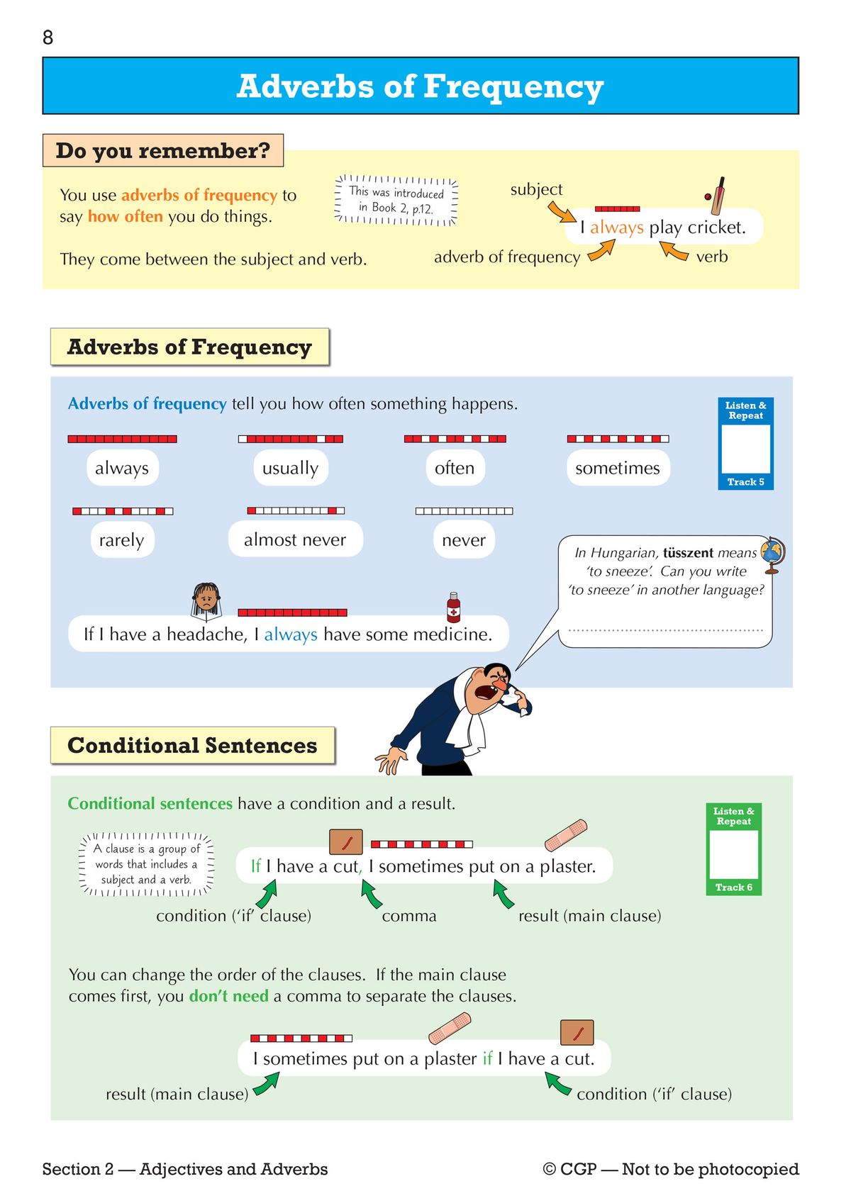 Page showing adverbs of frequency and conditional sentences with illustrated examples