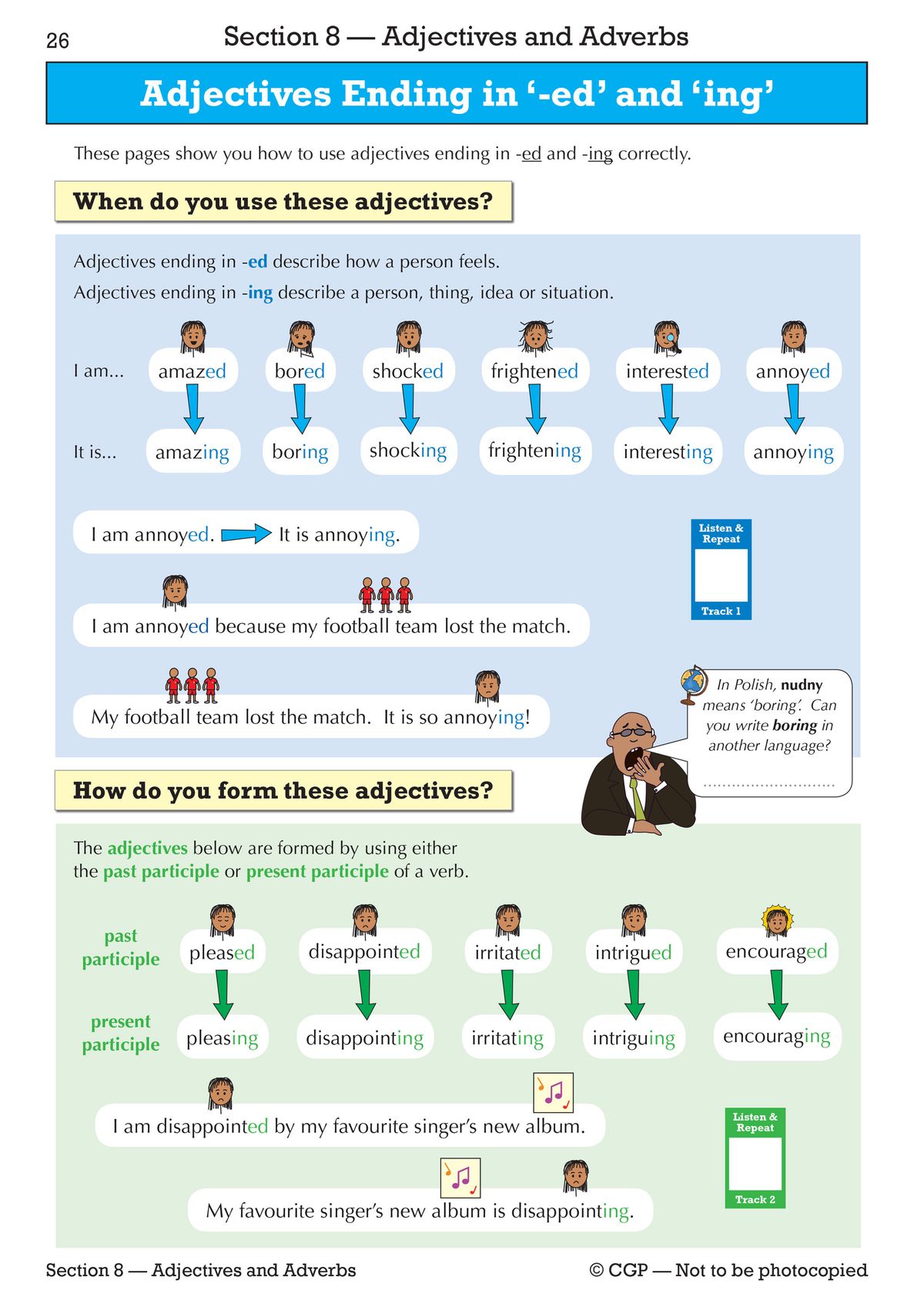 Page demonstrating use of adjectives ending in -ed and -ing with visual examples