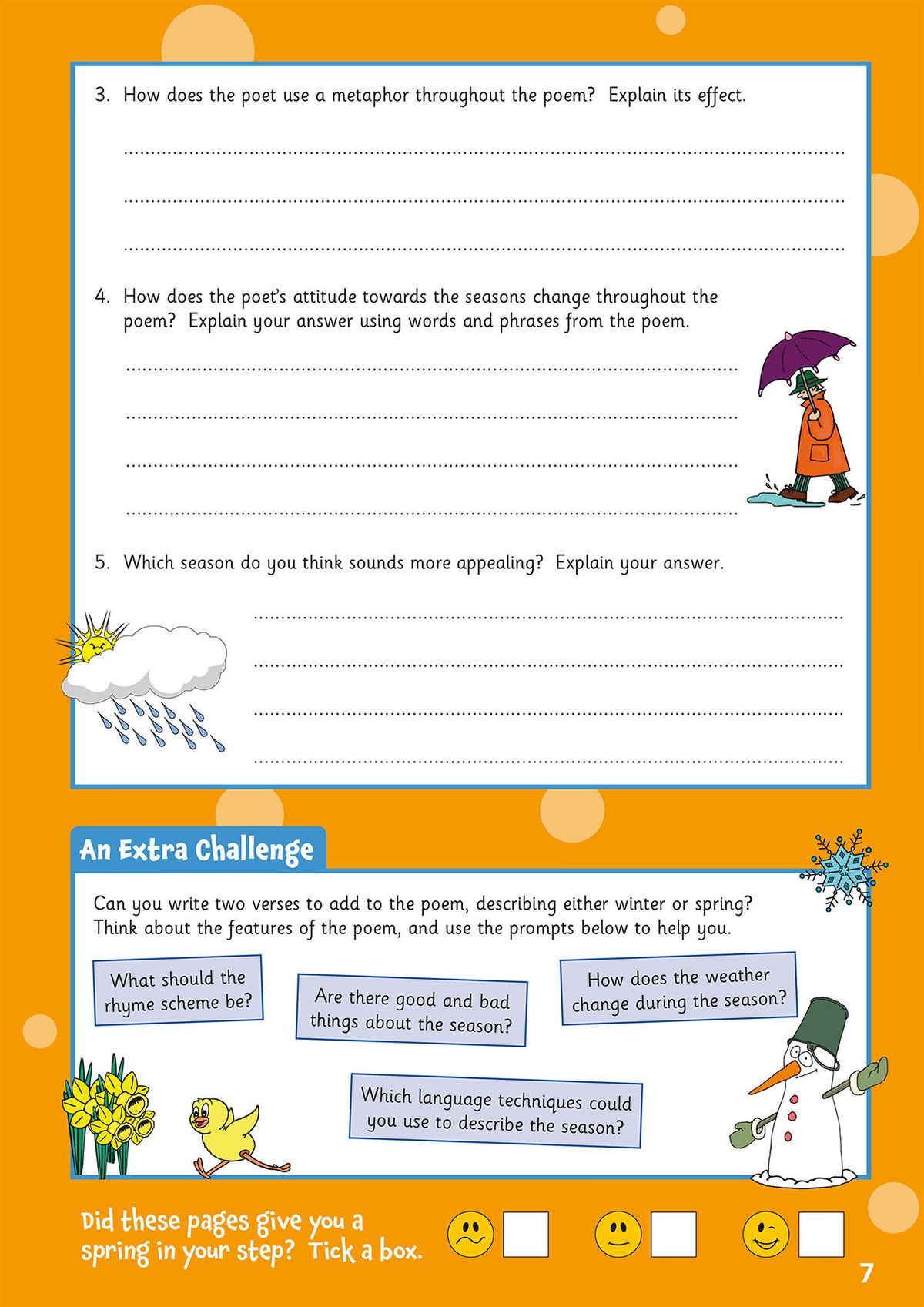 Sample poetry comprehension page with seasonal theme questions and extra challenge task