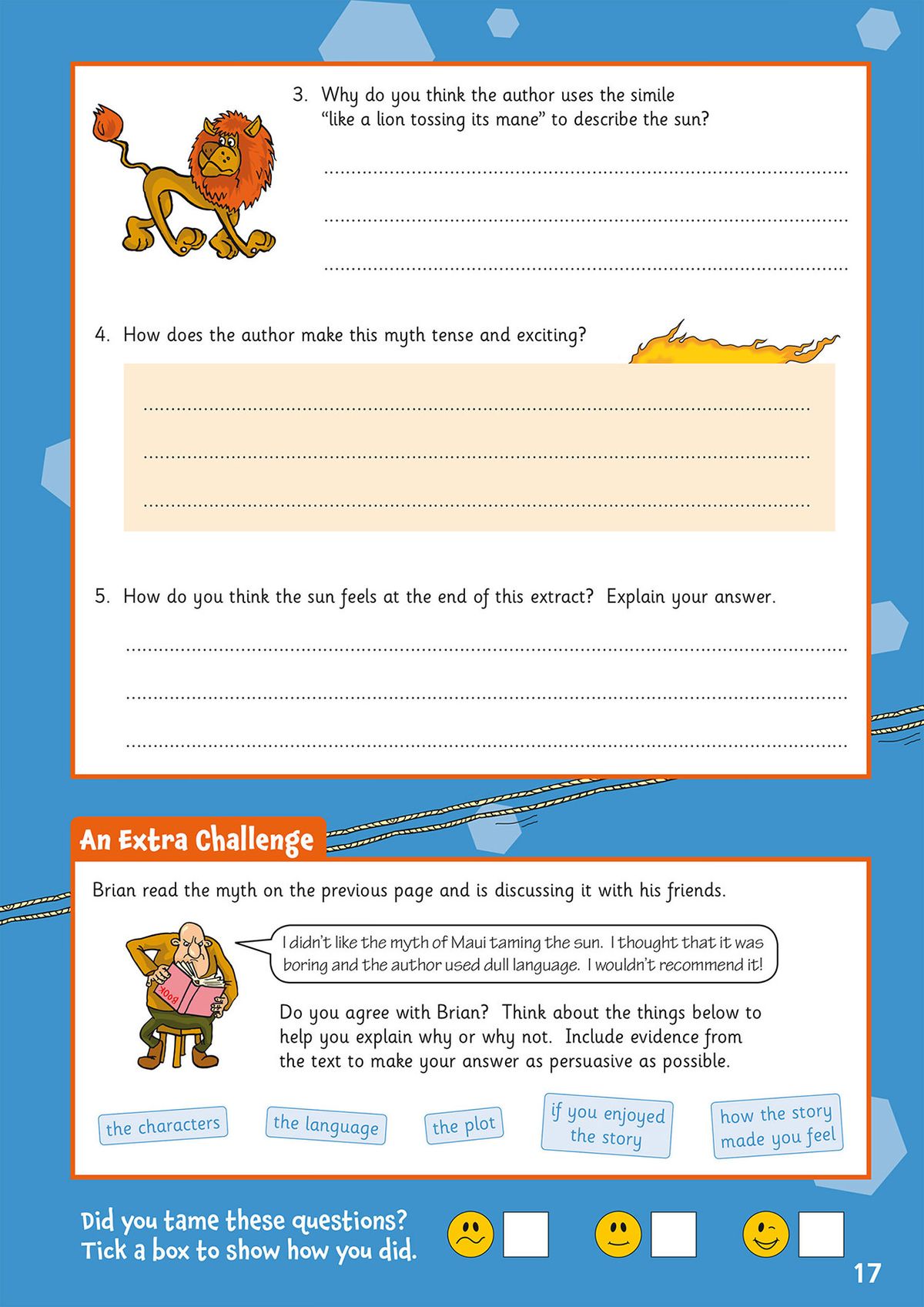 Myth comprehension page featuring lion illustration and persuasive writing challenge