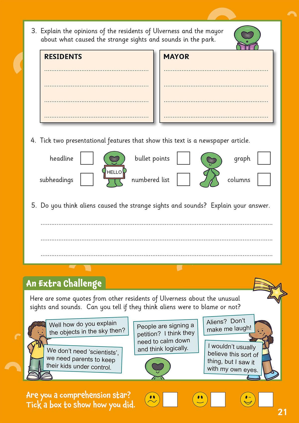 Activity page showing comprehension questions with space for written answers and self-assessment boxes