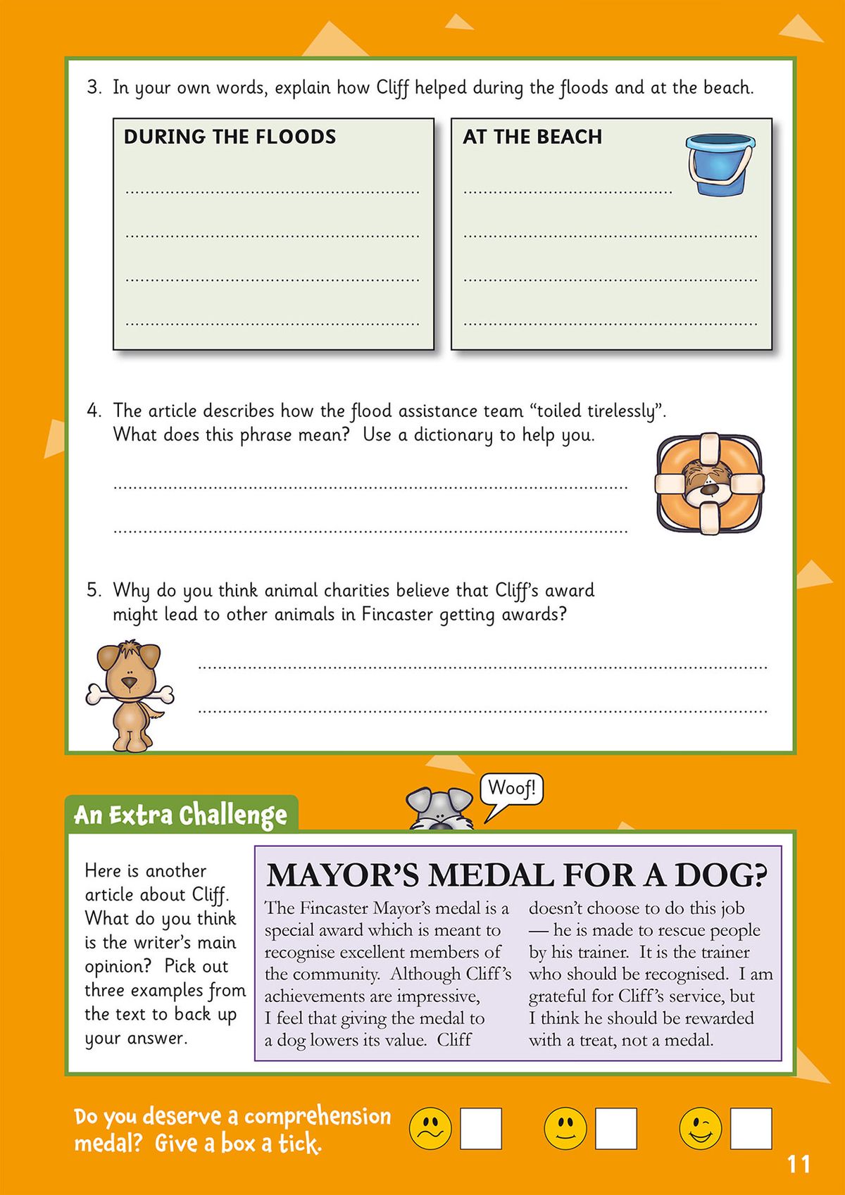 Comprehension questions with self-assessment emoji boxes and an extra challenge section