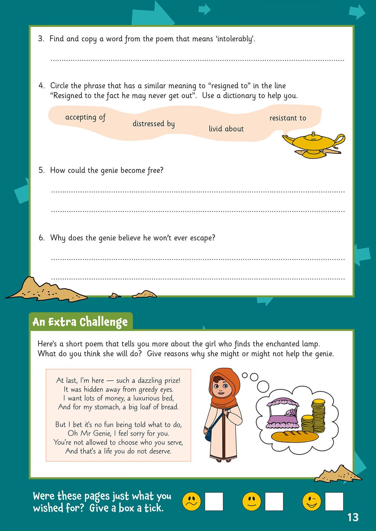 Additional comprehension questions and an extra challenge task on the page