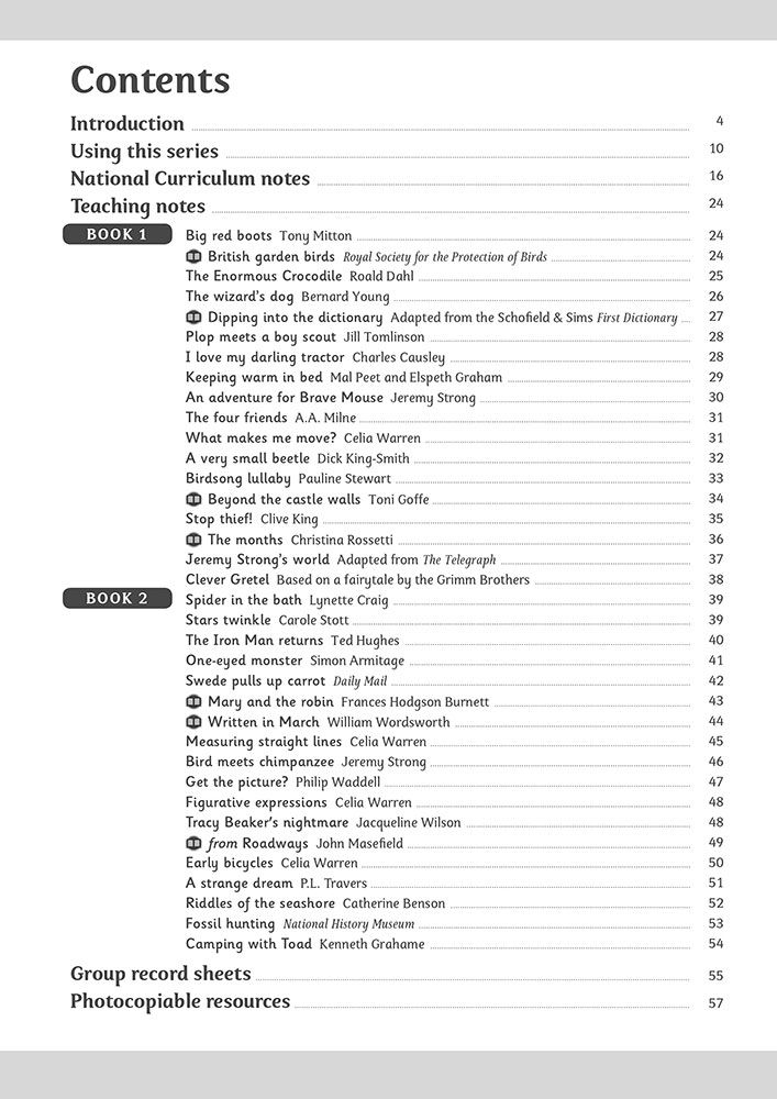 Contents page showing the range of texts and teaching notes included in the guide