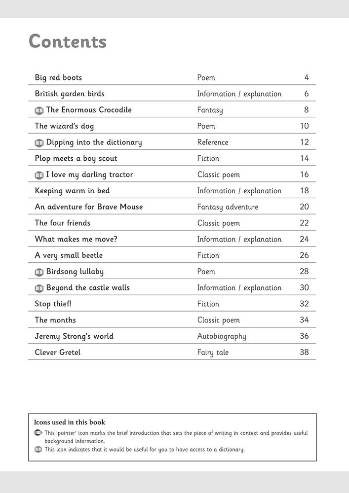 Contents page showing the range of texts in First Comprehension Workbook 1