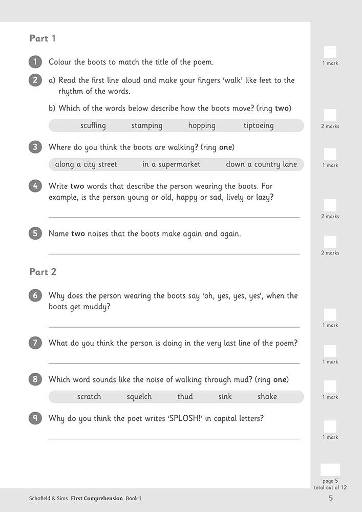 Sample comprehension questions from First Comprehension Workbook 1