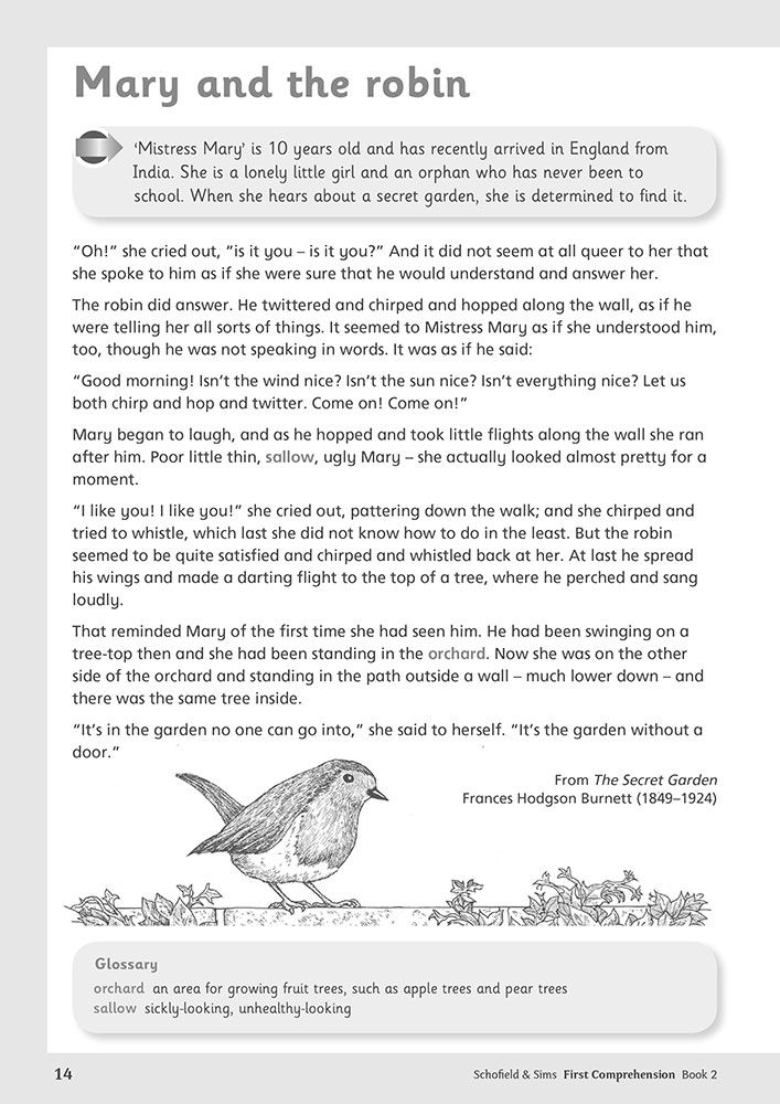 Sample text page showing an extract from The Secret Garden with comprehension questions