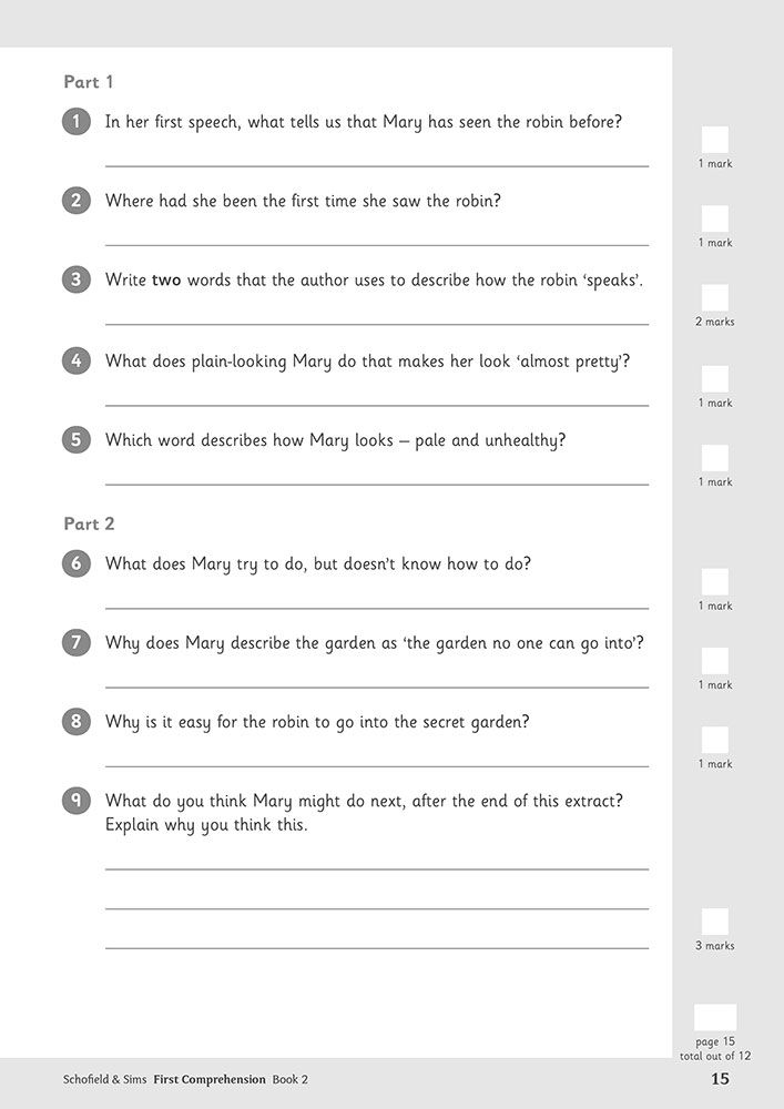 Page of comprehension questions with numbered tasks and mark allocations