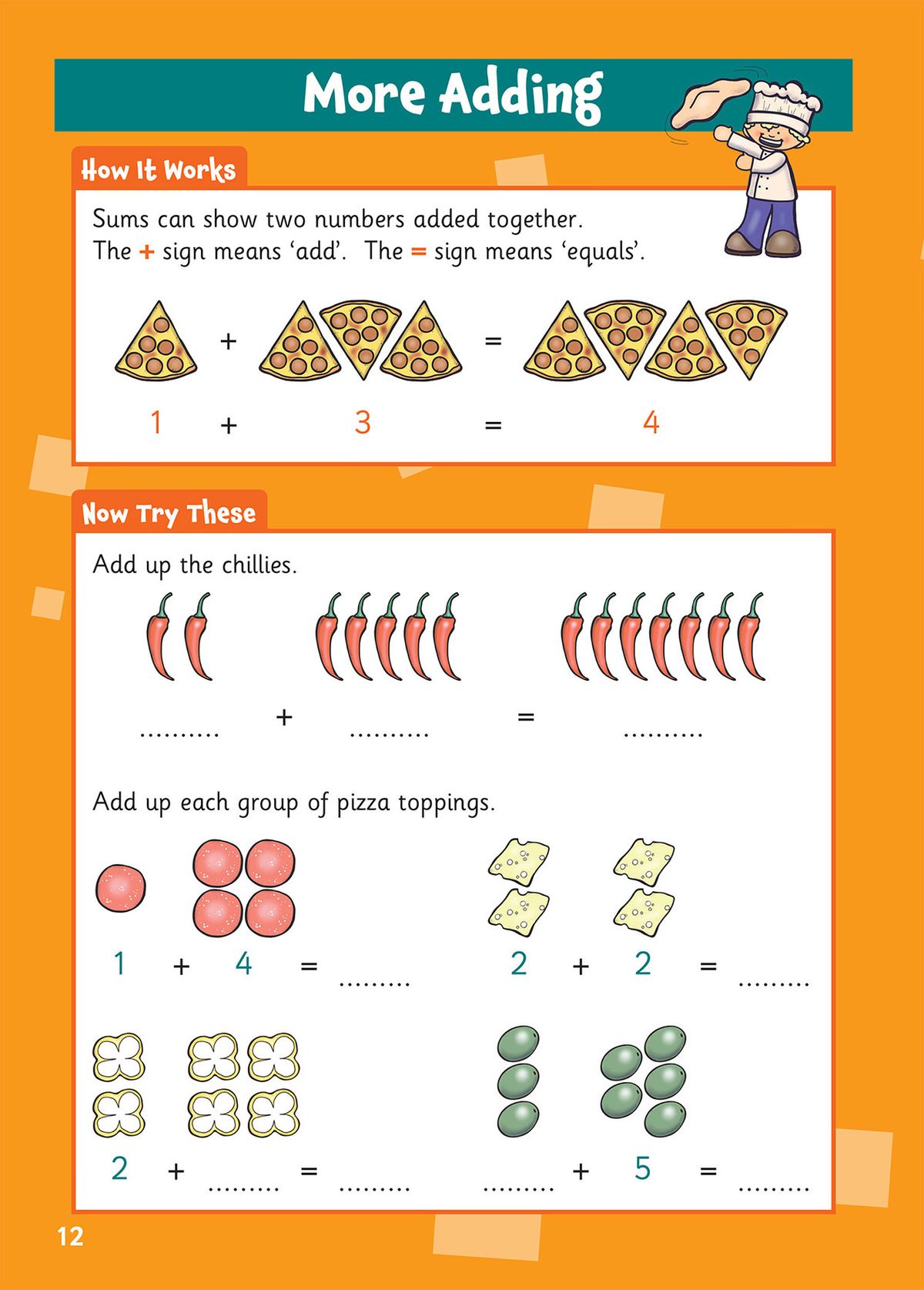 Sample page demonstrating addition with visual aids of pizza slices and chillies