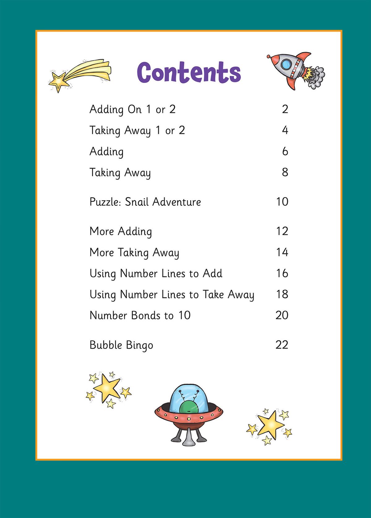 Contents page showing topics covered in the First Sums Activity Book