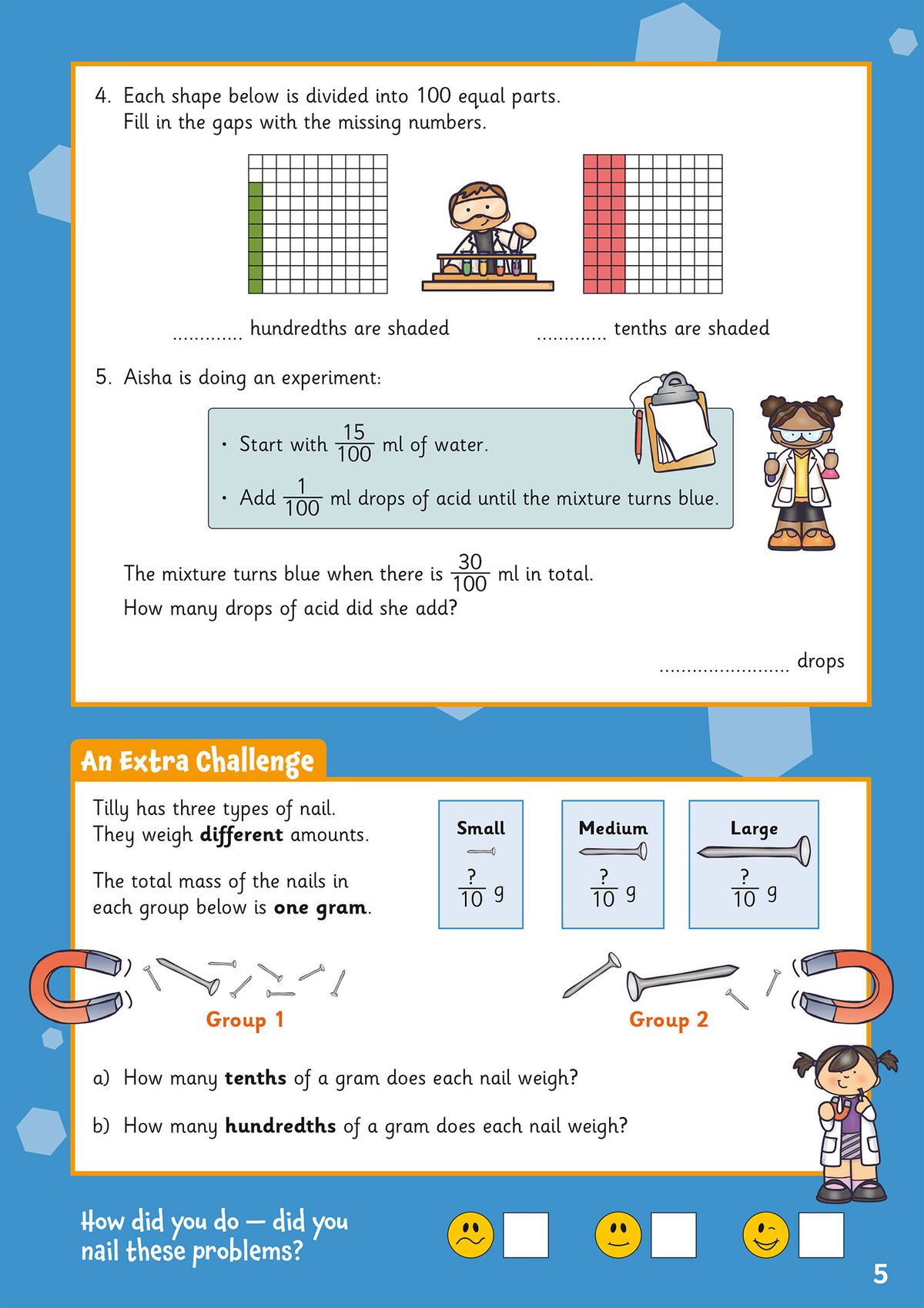 Activity page featuring hundredths problems with shaded grids and real-world science context