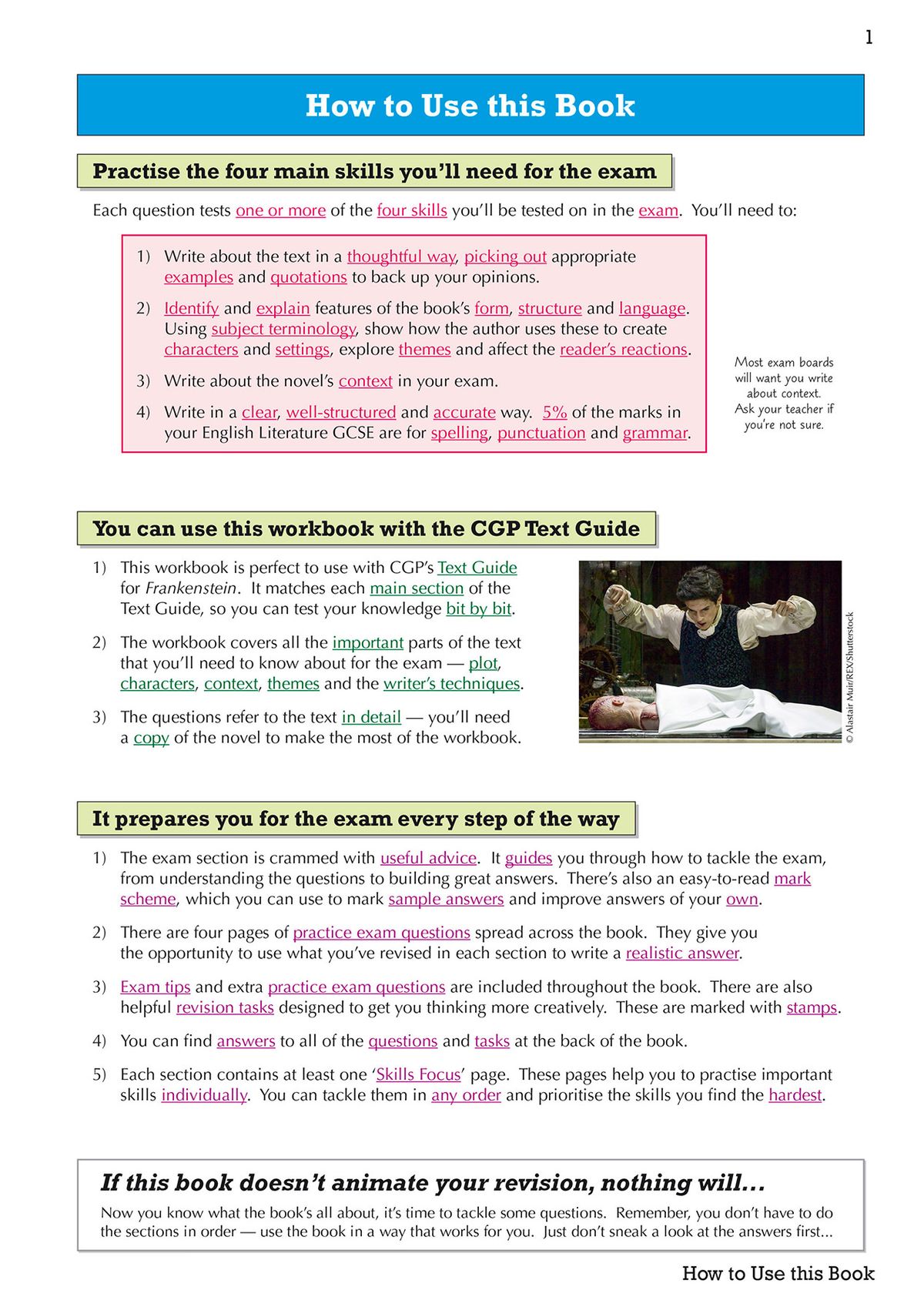 Frankenstein Workbook showing practice questions and exam preparation guidance