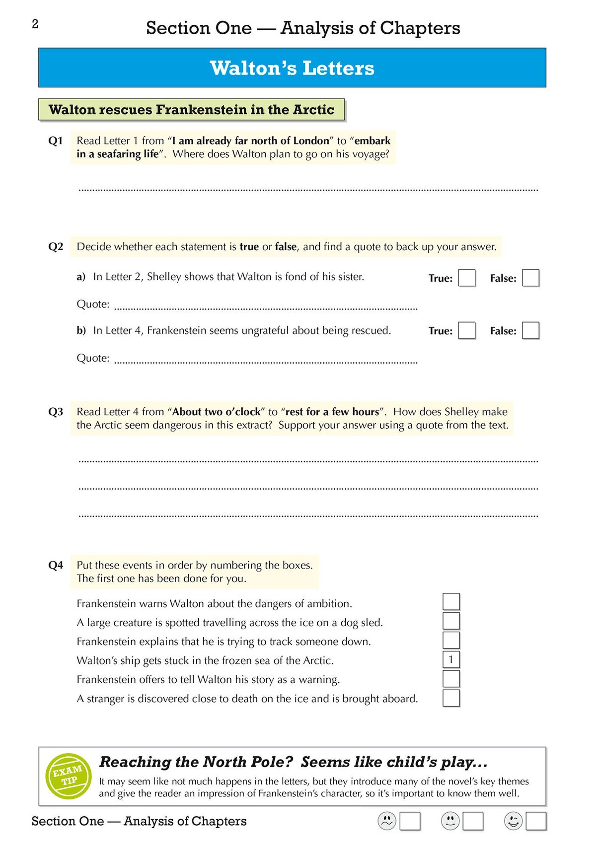 Sample page from the Frankenstein Workbook covering Walton's Letters