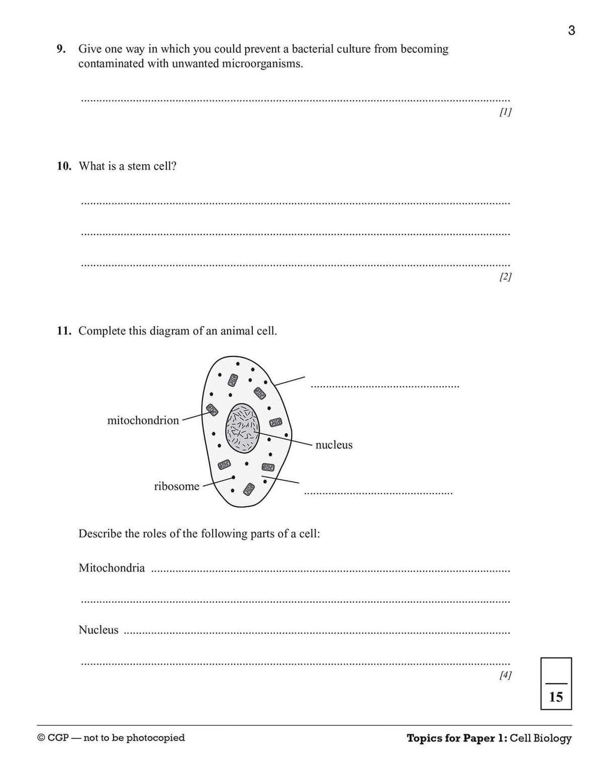 Sample page showing biology questions on bacterial cultures and animal cell structure
