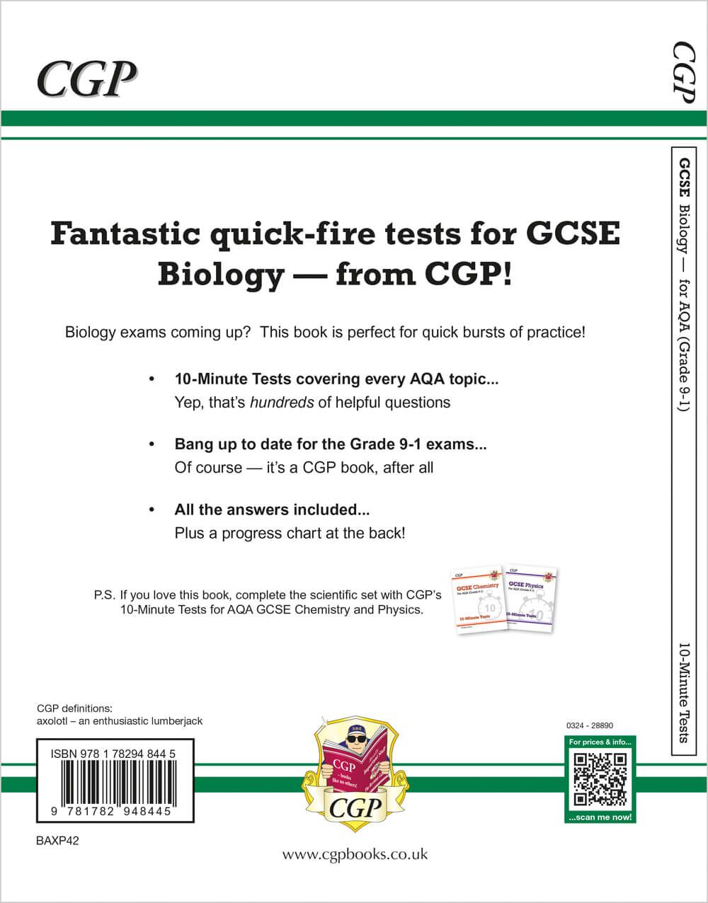 CGP GCSE Biology AQA 10-Minute Tests back cover showing test details and ISBN