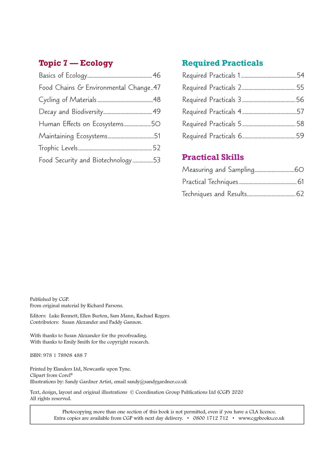 Contents page showing ecology topics and required practicals