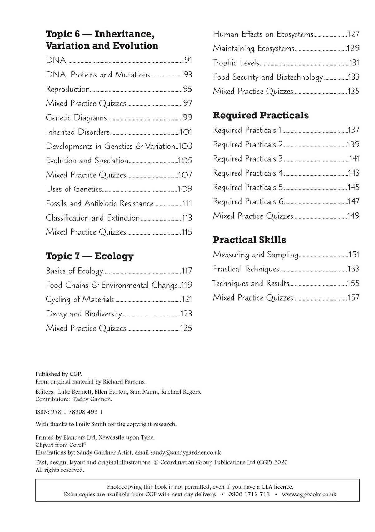 Detailed contents page showing Topic 6 Inheritance, Variation and Evolution, Topic 7 Ecology, and Required Practicals sections