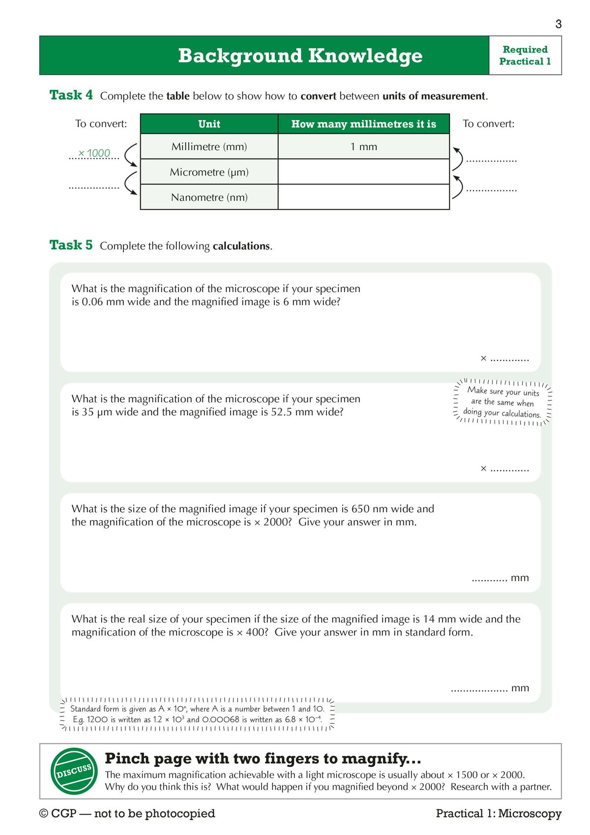 Background knowledge tasks on units of measurement and microscope calculations