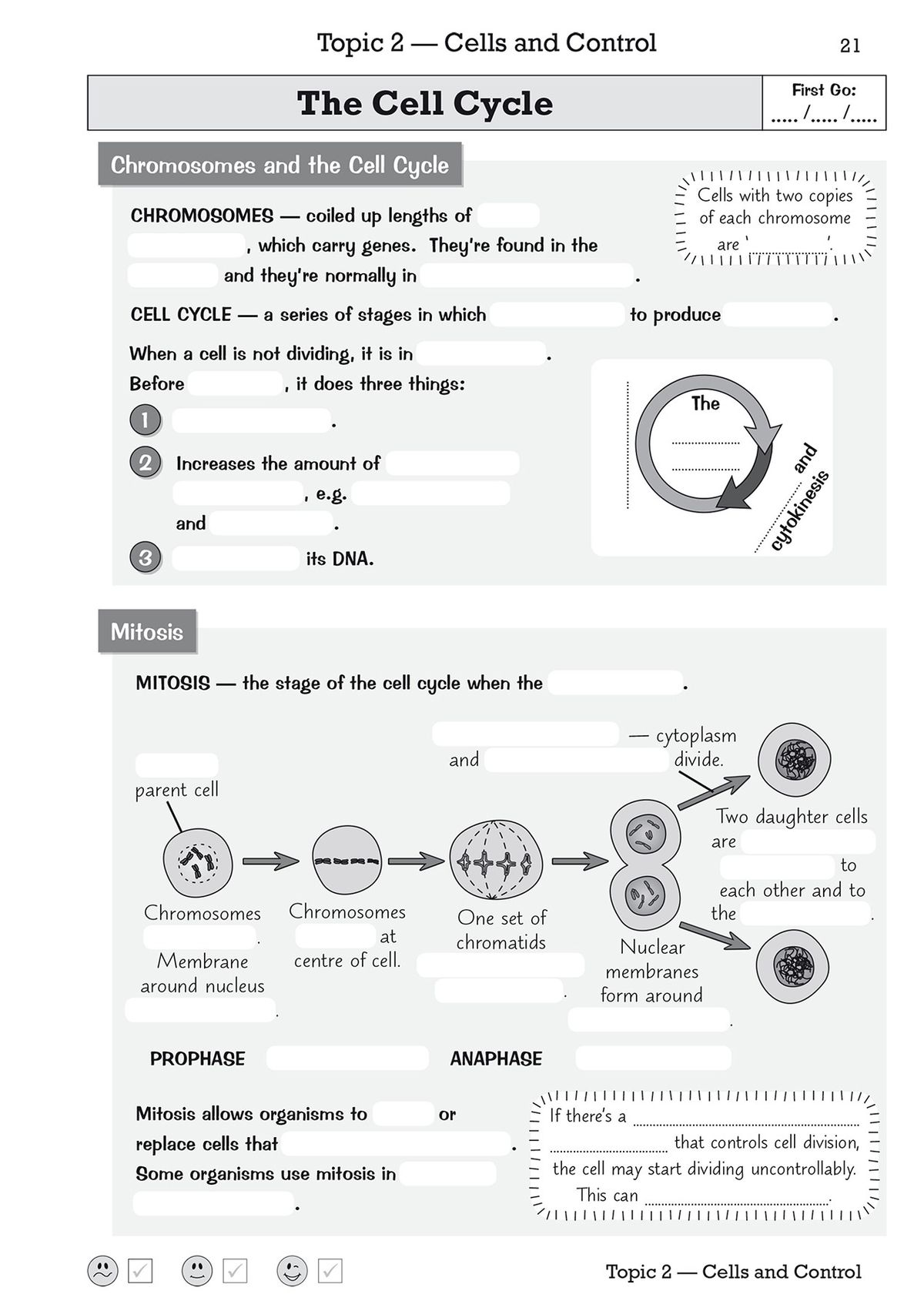 Sample page showing cell cycle topic with fill-in-the-blank questions and diagrams