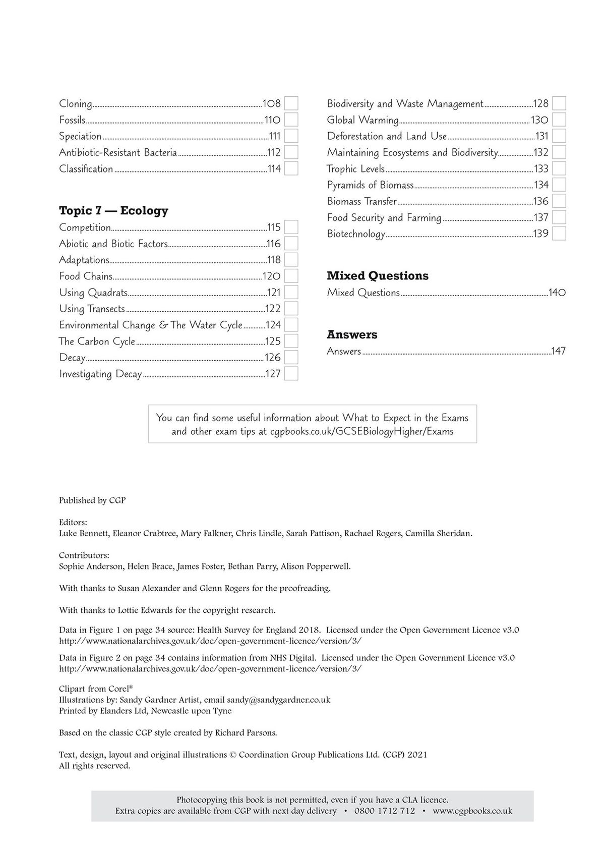 Contents page showing biology topics including ecology, biodiversity and food chains