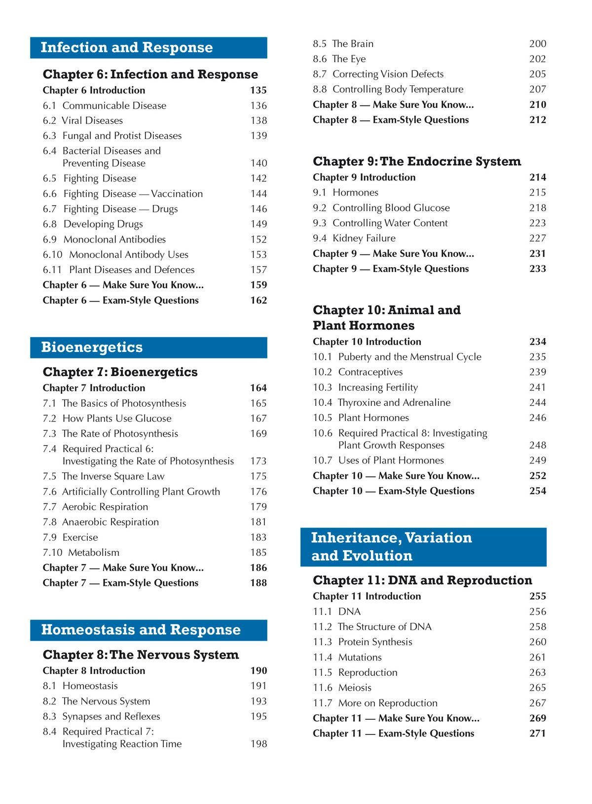 Contents page showing detailed chapter breakdown covering topics from Infection and Response to DNA and Reproduction