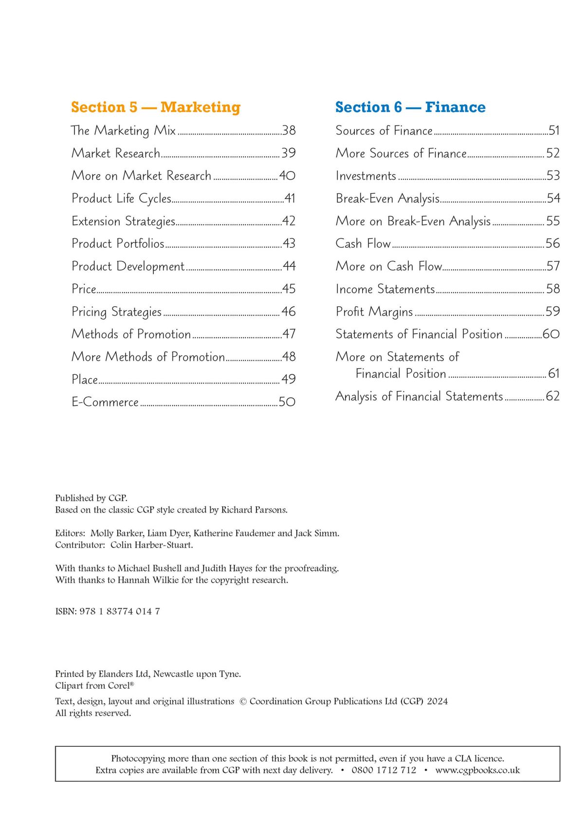 Contents page listing marketing and finance topics with page numbers