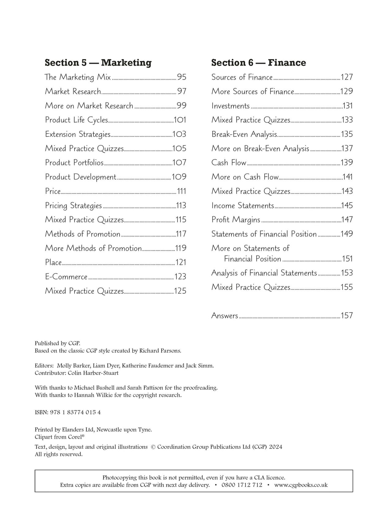 Contents page showing Section 5 Marketing and Section 6 Finance topics