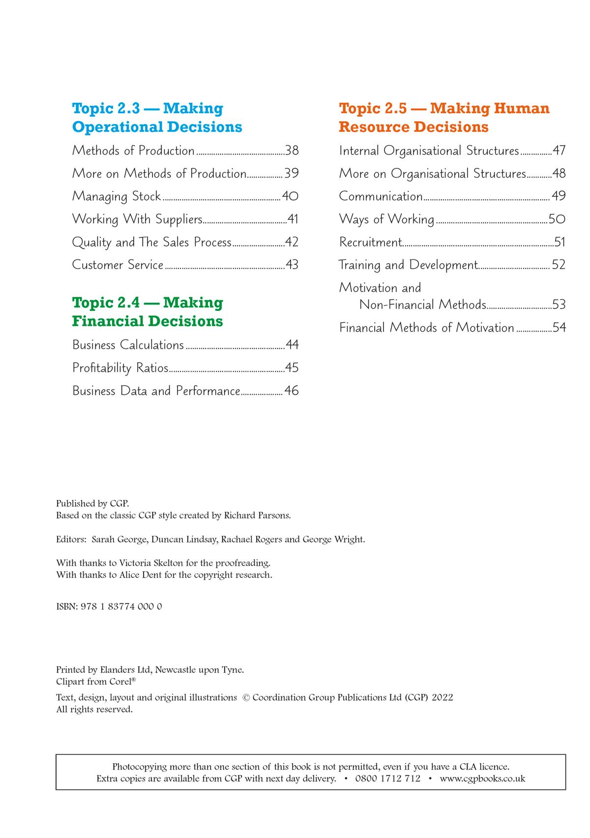 Contents page listing operational, financial and human resource topics